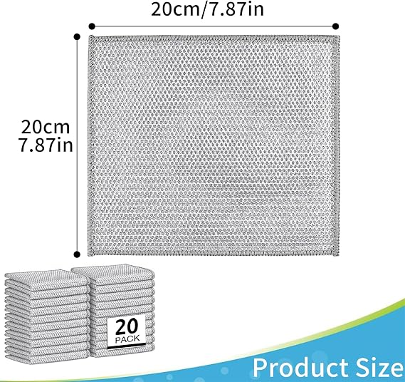 20 Pcs Double-Layer Silver Mesh Dishcloths, Non-Scratch Wire Dishwashing Cloth, Wet and Dry, Reusable Metal Cleaning Cloth for Kitchen Dishes Pots Sinks Stoves (20x20cm)