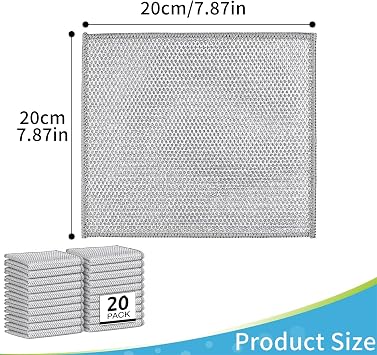20 Pcs Double-Layer Silver Mesh Dishcloths, Non-Scratch Wire Dishwashing Cloth, Wet and Dry, Reusable Metal Cleaning Cloth for Kitchen Dishes Pots Sinks Stoves (20x20cm)