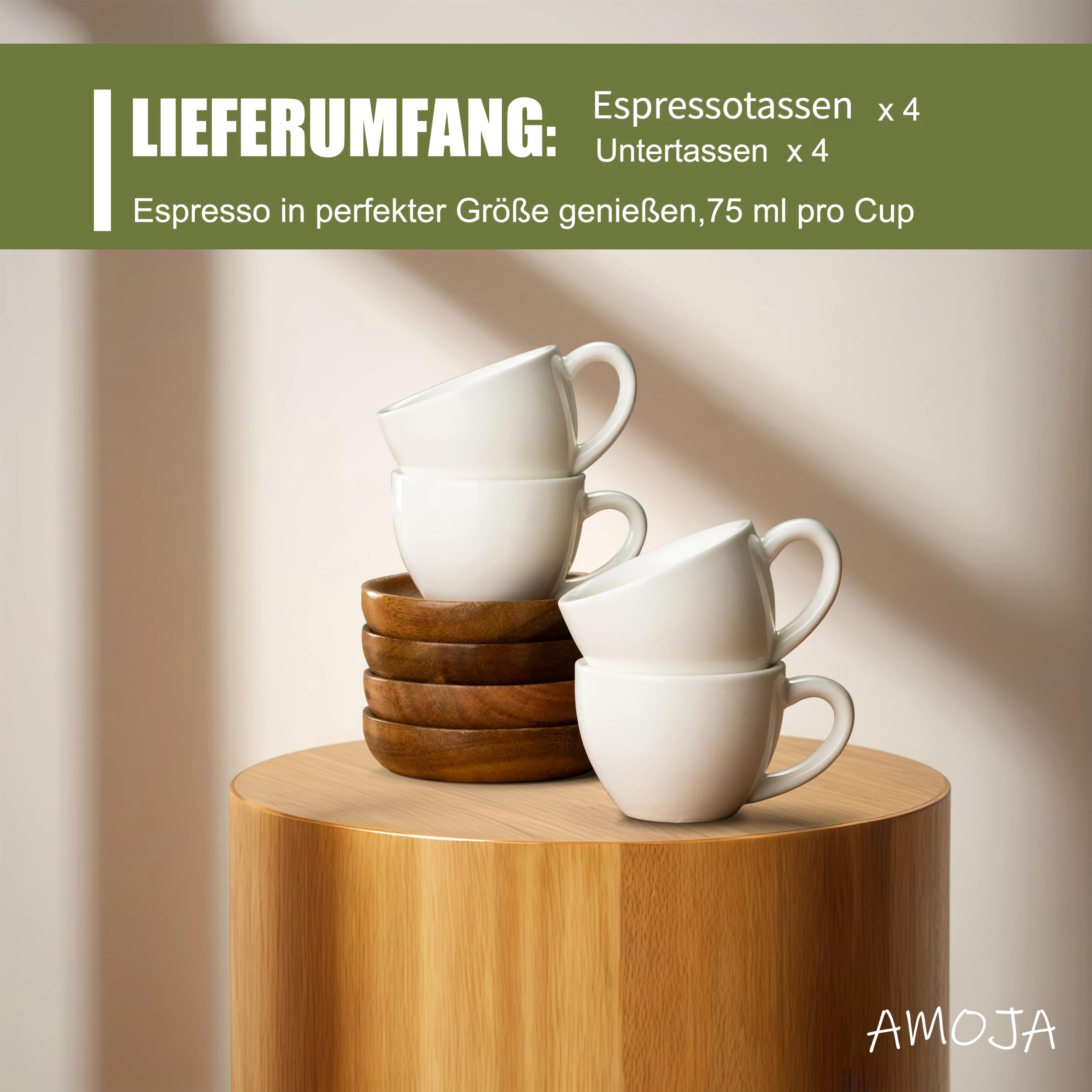6er Set Espressotassen mit Untertassen – Weiß, 75ml Dickwandige Keramik-Espressotassen Set, Lang Warm Haltend, Stapelbares Design & Spülmaschinenfest