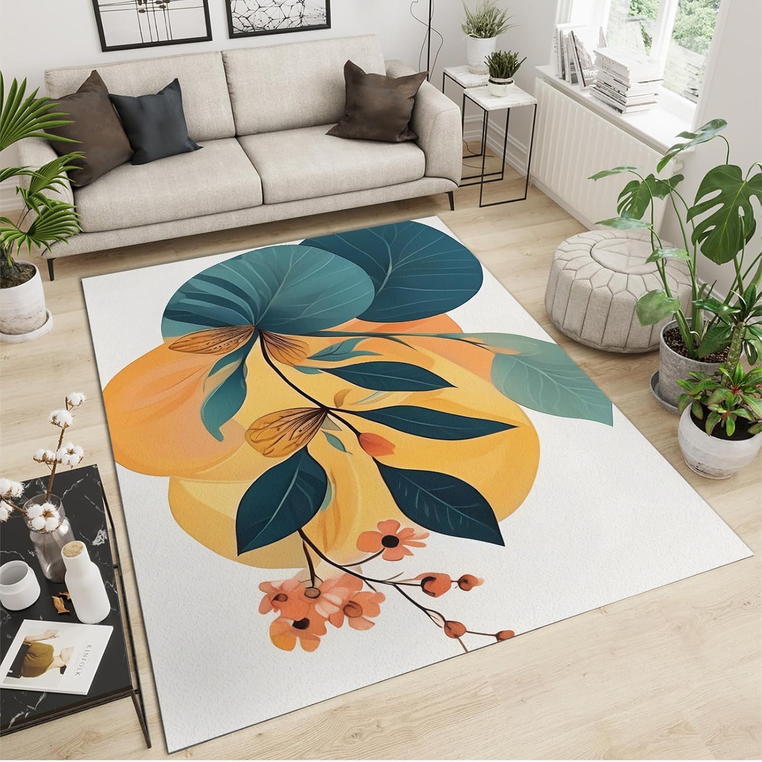 3x6 Runner Rug Flowers Plants Leaves Watercolor Painting Runners Rugs for Hallways, Orange Yellow Tone Abstract Art Bedroom Runner Rug Soft Fuzzy Washable for Living Room Game Room Coffee Table