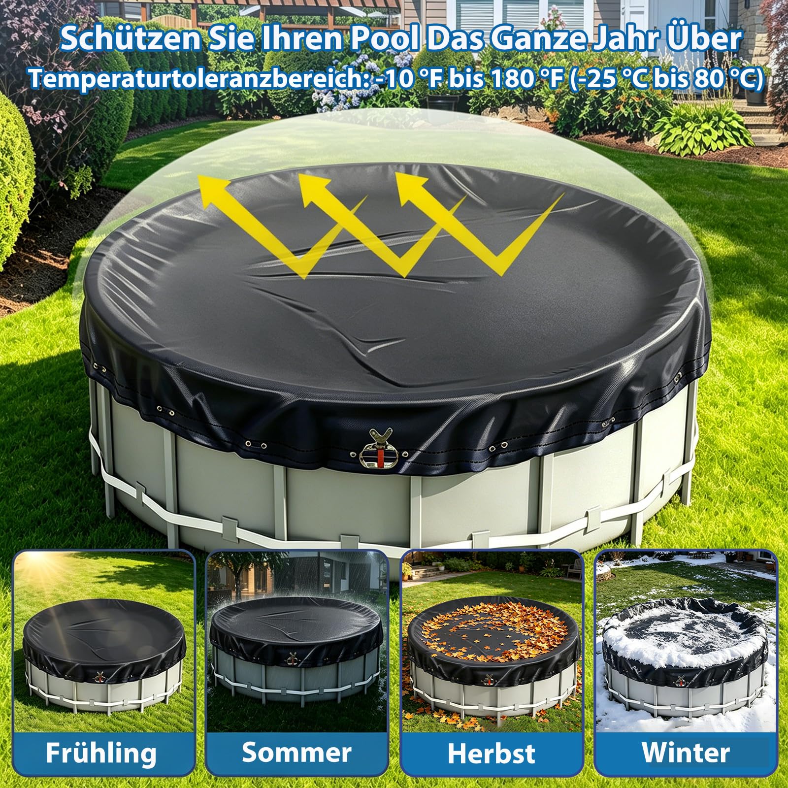 Bâche de Piscine Ronde pour piscines Ø 320-366 cm, bâche Solaire résistante aux UV, en polyéthylène de 200 g/m², bâche de Protection pour l'été et l'hiver, Ø 420 cm