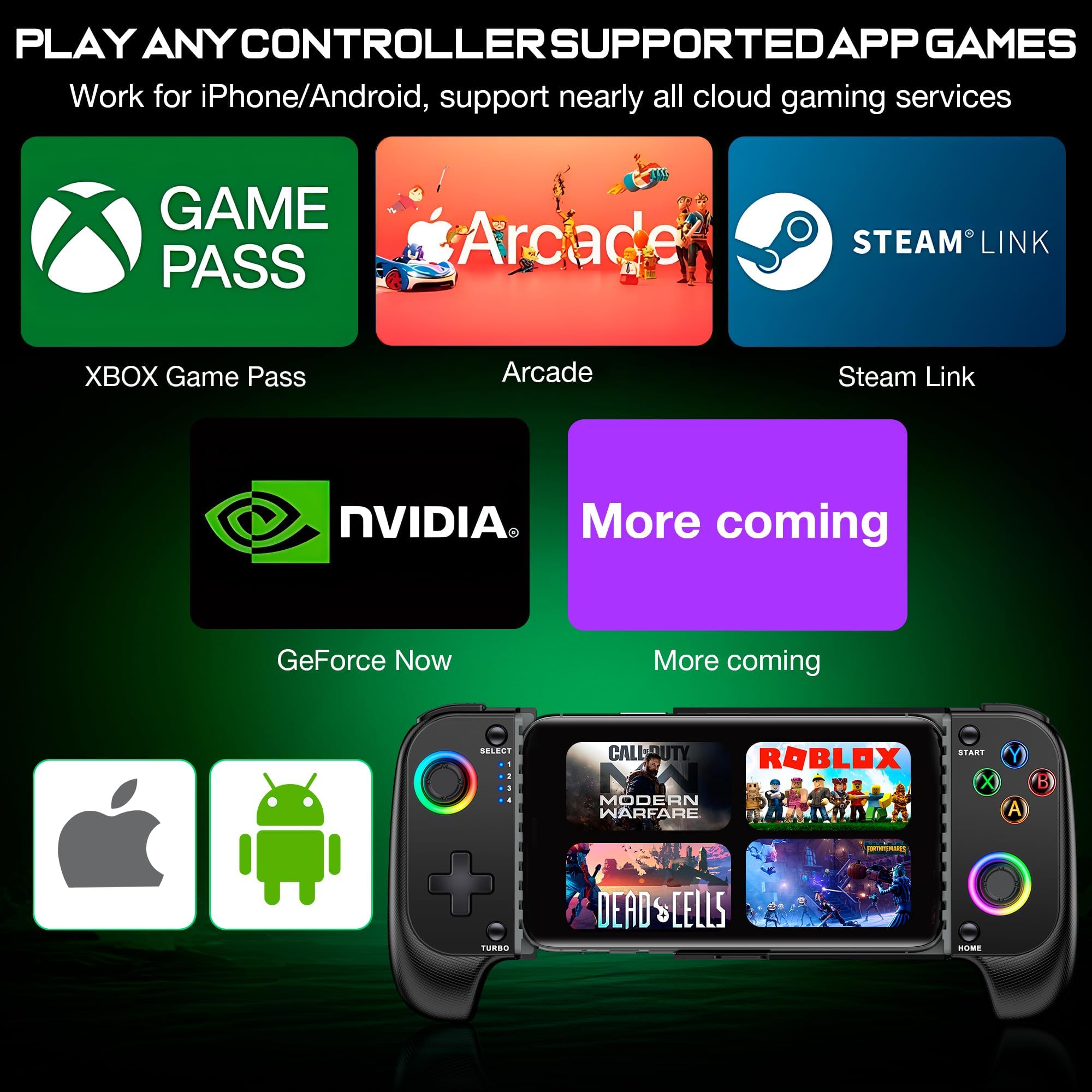 ALEEMTRY Handy Controller für iPhone, Smartphone Controller für Android mit Hall Effect Joystick Support Xbox Cloud/MFi Apple Arcade/Roblox