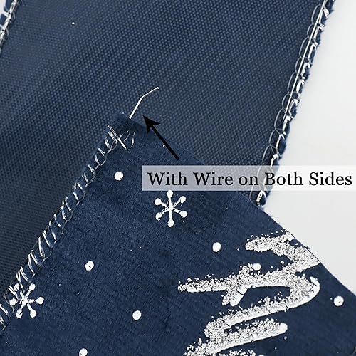 Miniatura 3 de HUIHUANG Cinta de terciopelo de Navidad con alambre azul marino y plateado con purpurina para árbol, fabricación de lazos, corona, envoltura de