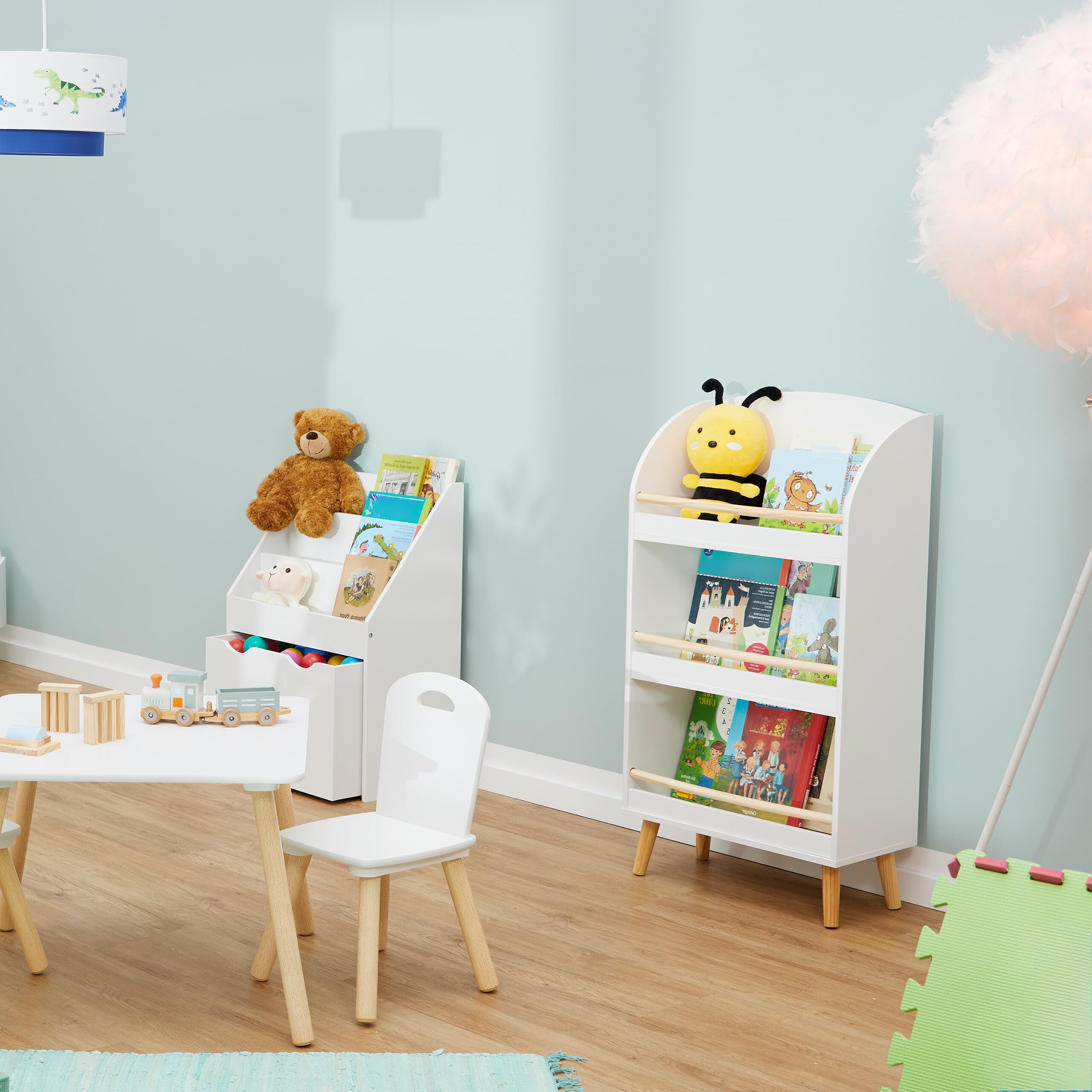 Relaxdays Scaffale Portagiochi Bambini, Libreria con 3 Scomparti Porta Libri e Giocattoli, HLP: 95,5x50x24 cm, Bianco