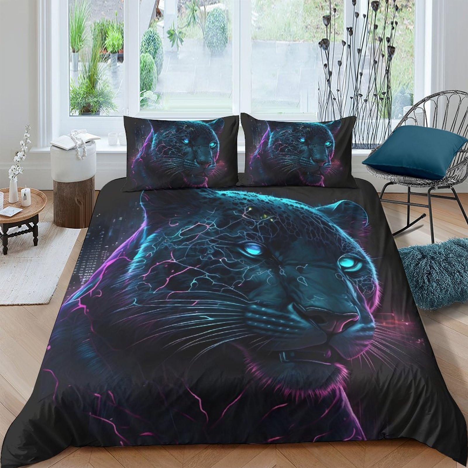Ctjqhvkz Style-6 3D Printed Neon Panther Fitted Sheet Microfiber Soft Anti-Slip Blacklight Jungle Bed Cover For Bedroom Dorm Mattress Decor Single（135X200cm）