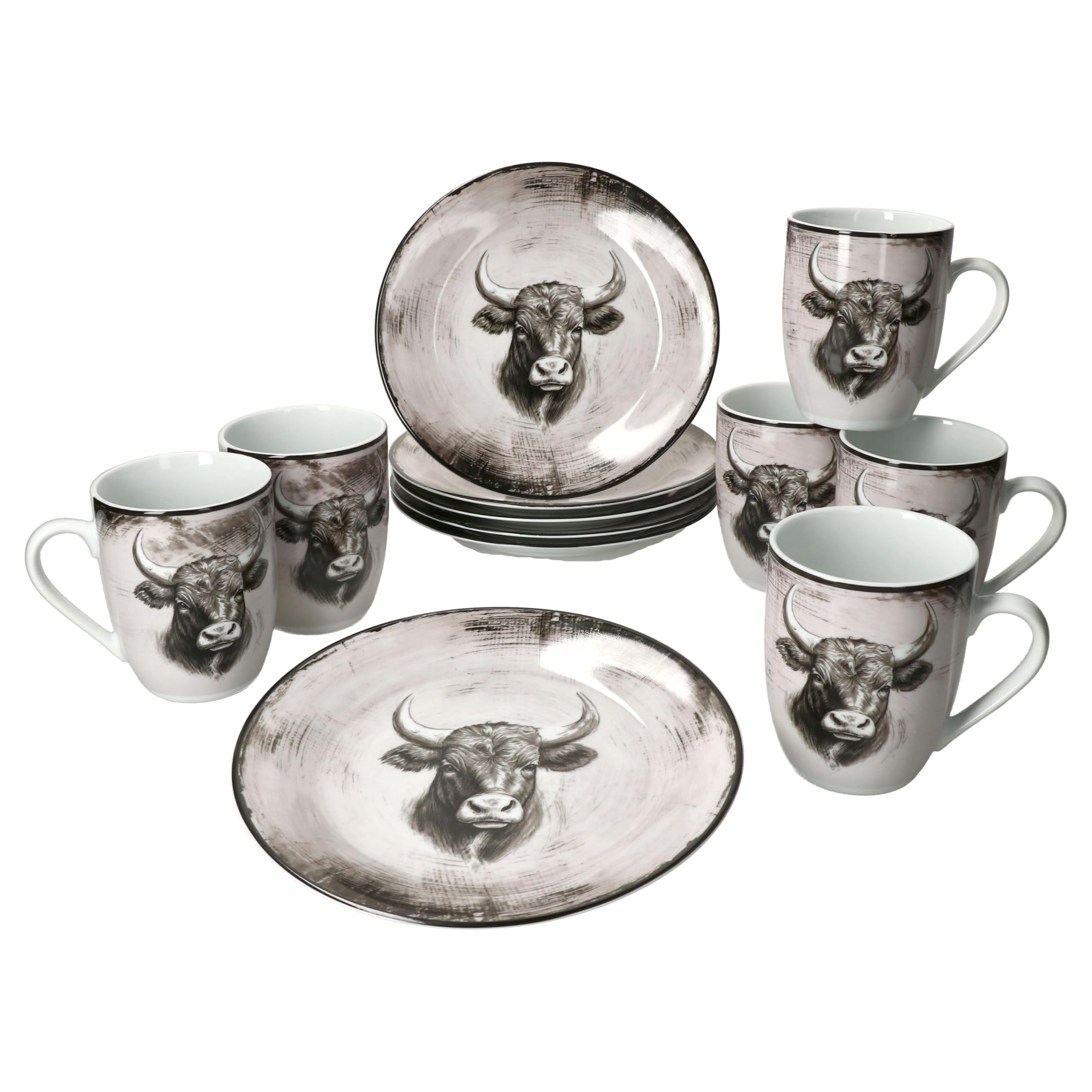 MamboCat Toro 12tlg Frühstücksset I Porzellan-Geschirr mit Kuhmotiv für 6 Personen I je 6x Kaffeebecher 280 ml & Frühstücksteller I rosa-cremefarbener Landhaus-Stil