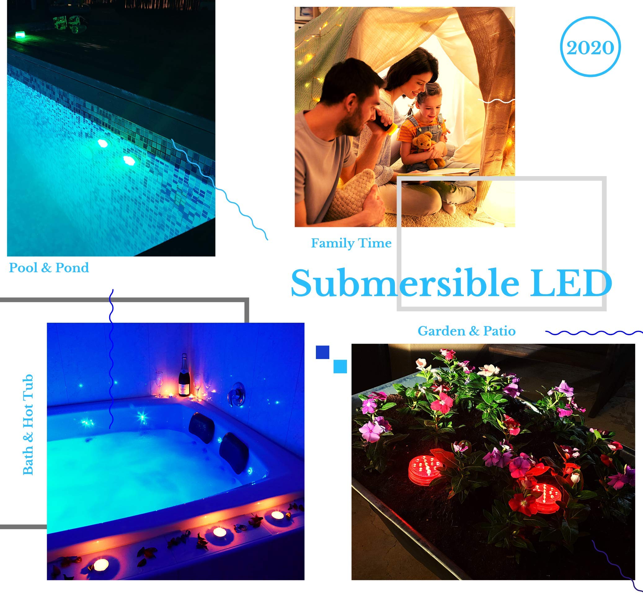 Lot de 4 lampes LED pour piscine enterrée, lampes submersibles à piles avec télécommande - Magnétiques et à ventouse - 3 modes d'éclairage avec 16 couleurs et option minuterie