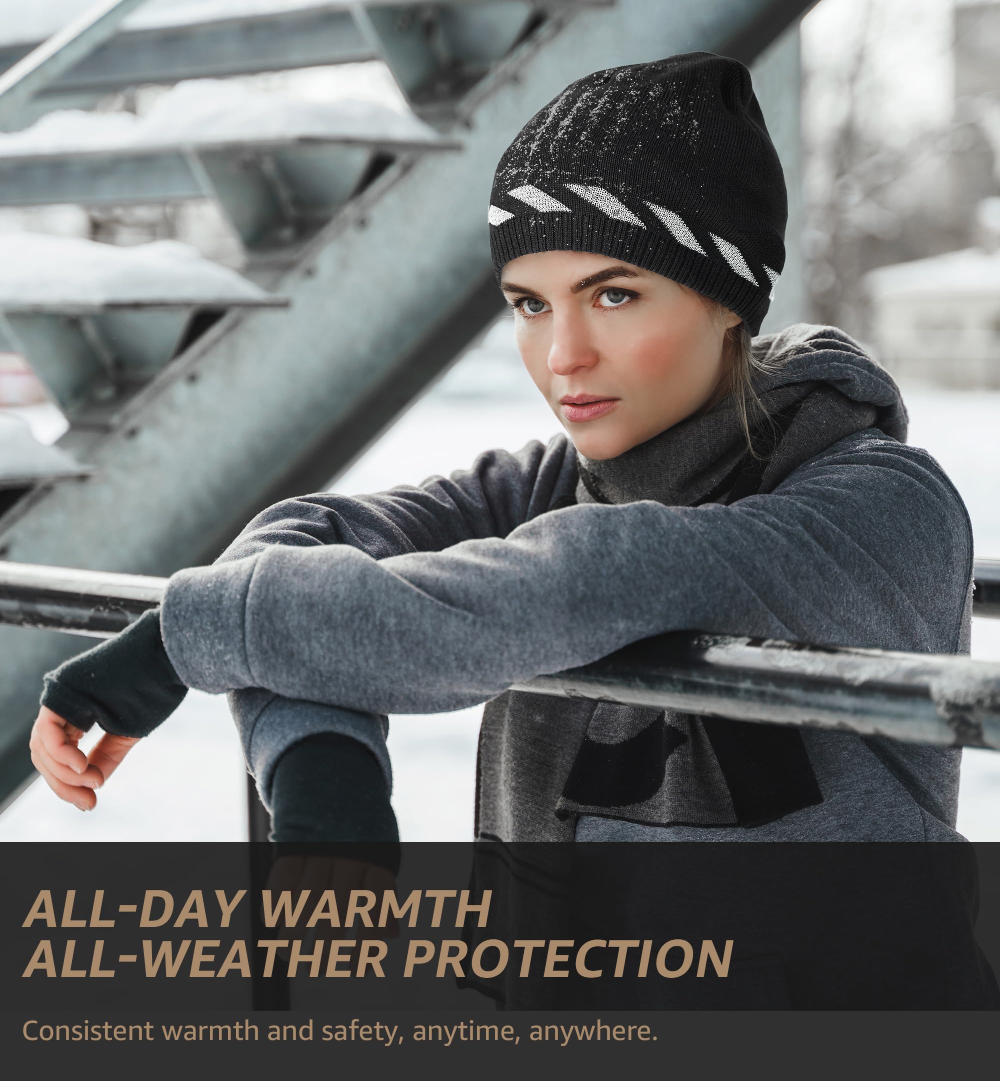 HiRui Gorros de invierno para hombres y mujeres, gorros de lana de punto con calavera, rayas reflectantes