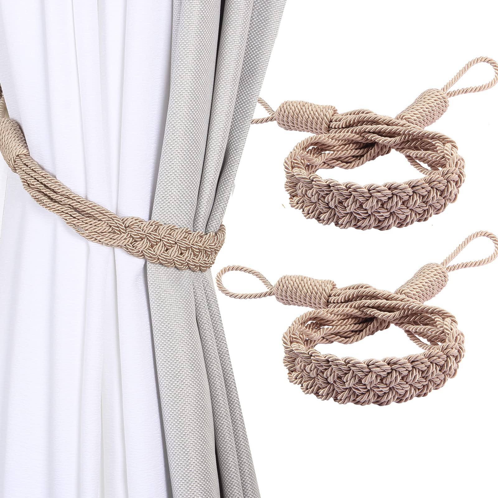 Tassel Curtain Tiebacks， Curtain Tiebacks Braided Rope 2 Pack Multicolor for Home Office Decorative(Dark Beige)