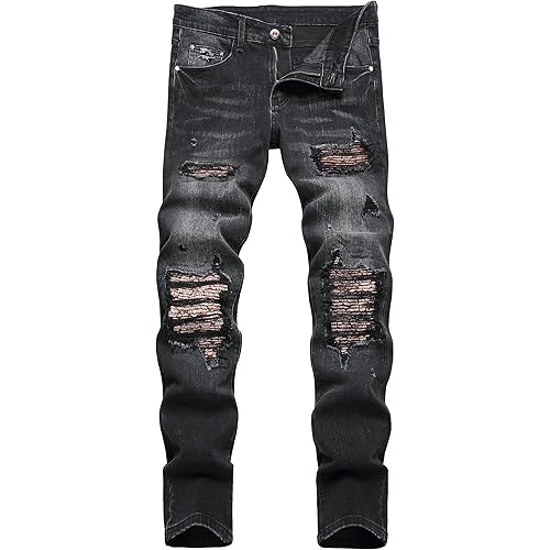 XIMXIMMTIAN Men's Biker Moto Washed Distressed Slim Fit Straight Jeans Denim