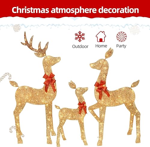 Miniatura 4 de HOYECHI Decoraciones navideñas grandes de 5 pies para exteriores, renos iluminados, juego de familia de ciervos 2D de 3 piezas con 160 luces LED