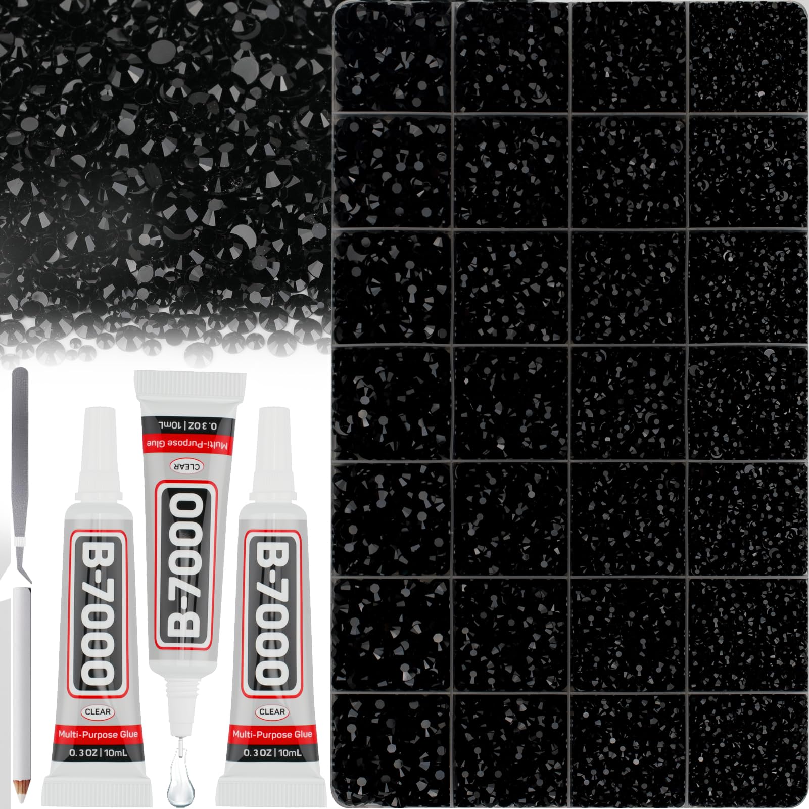 36000Pcs Black Rhinestones Gems for Bedazzling, Bedazzle Crystal Stones Resin Flatback Bedazzled Kit Flat Back Diamond Jewel Mixed 2-6MM with B7000