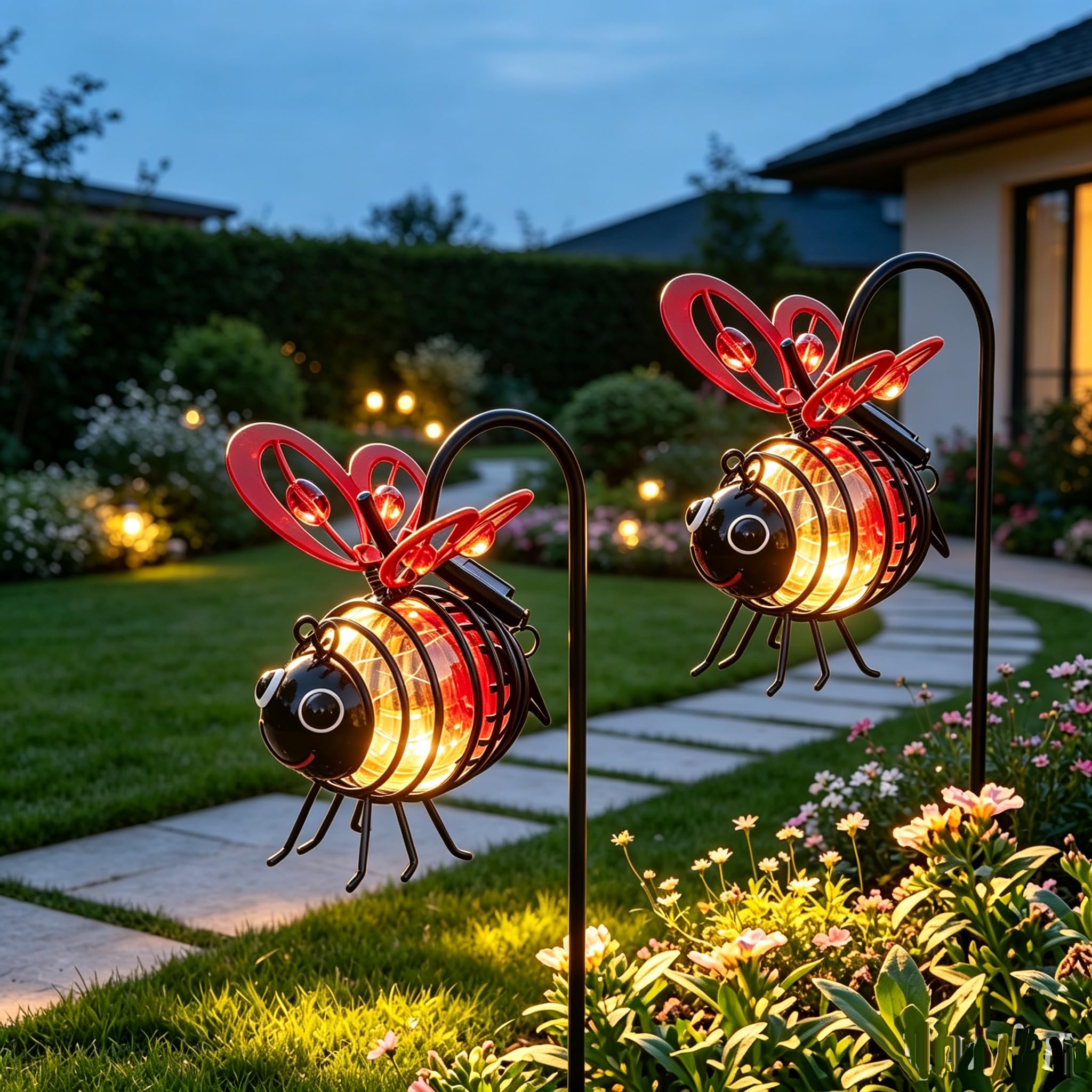 Hanging Bee Solar Lights, 2Pcs Outdoor Garden Solar Powered Lantern (Red)