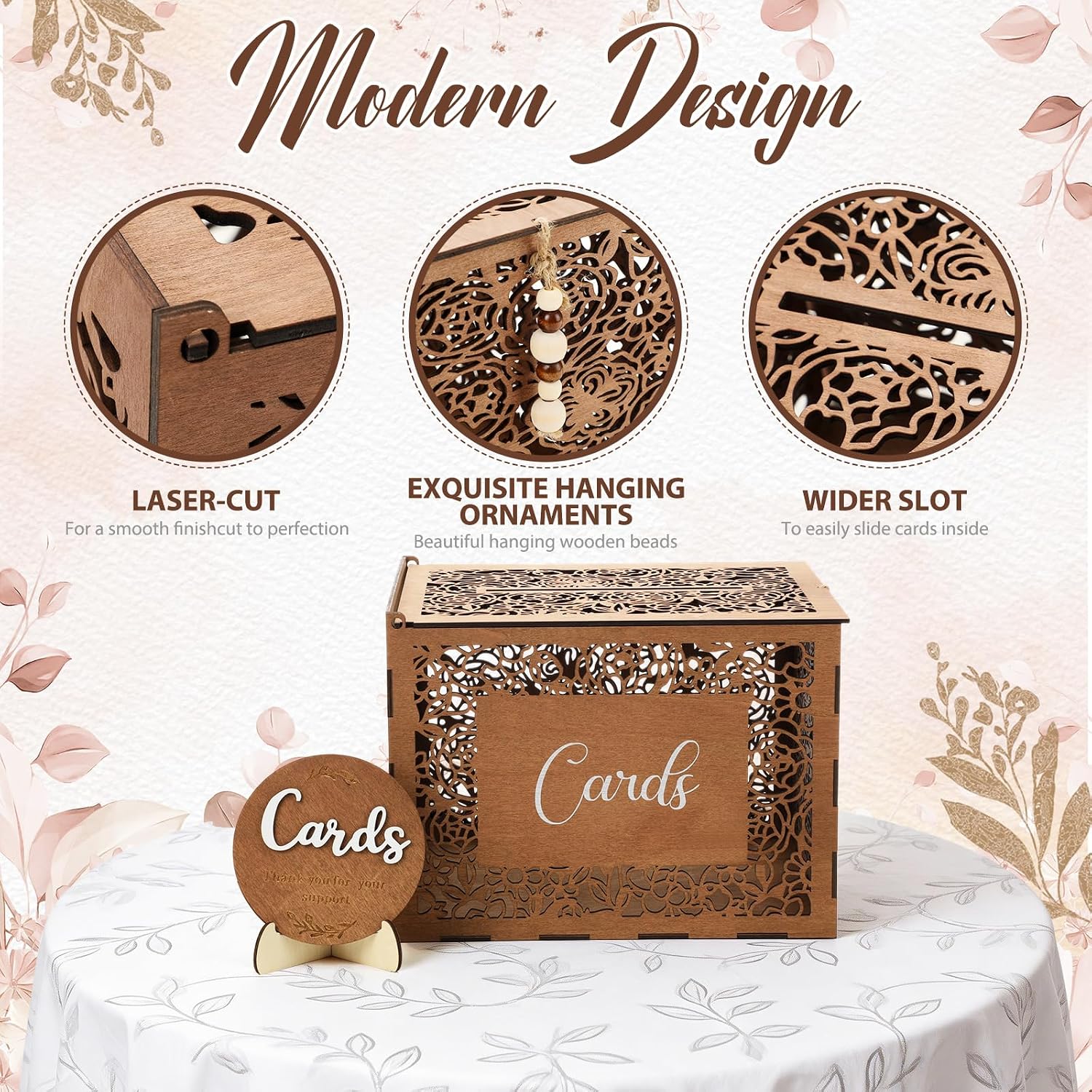 Wedding Card Box with Sign Boho Rustic Wood Gift Card Box Vintage Money Cards Holder for Wedding Baby Shower(Flower,Brown,11.4 x 9 x 8.5 Inches)