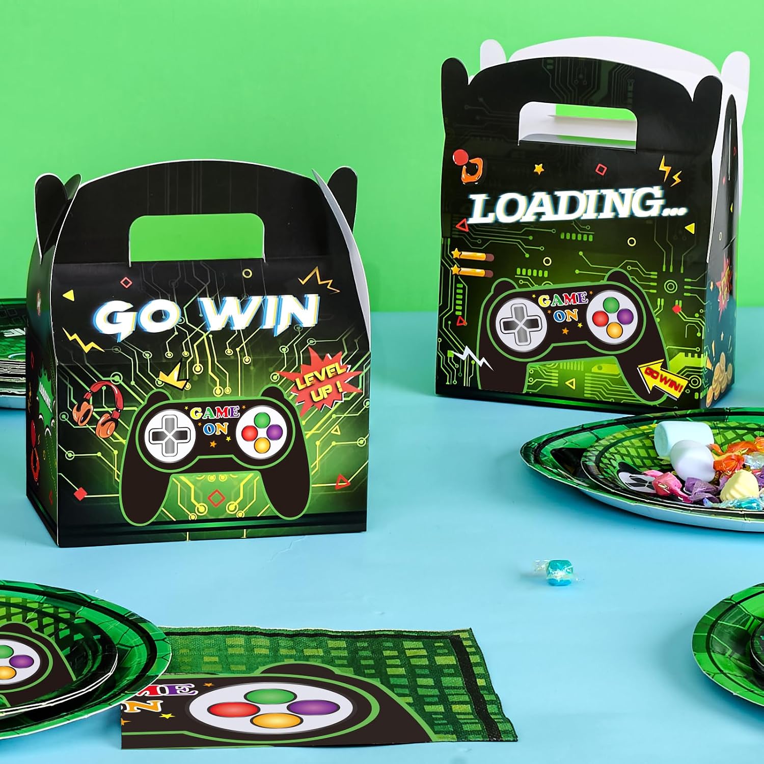 WERNNSAI 12 Pack Game Party Boxes - Gamer Party Decorations Green Black Gaming Gifts Bags Game On Level Up Birthday Supplies for Baby Shower Graduation Parties Decorations