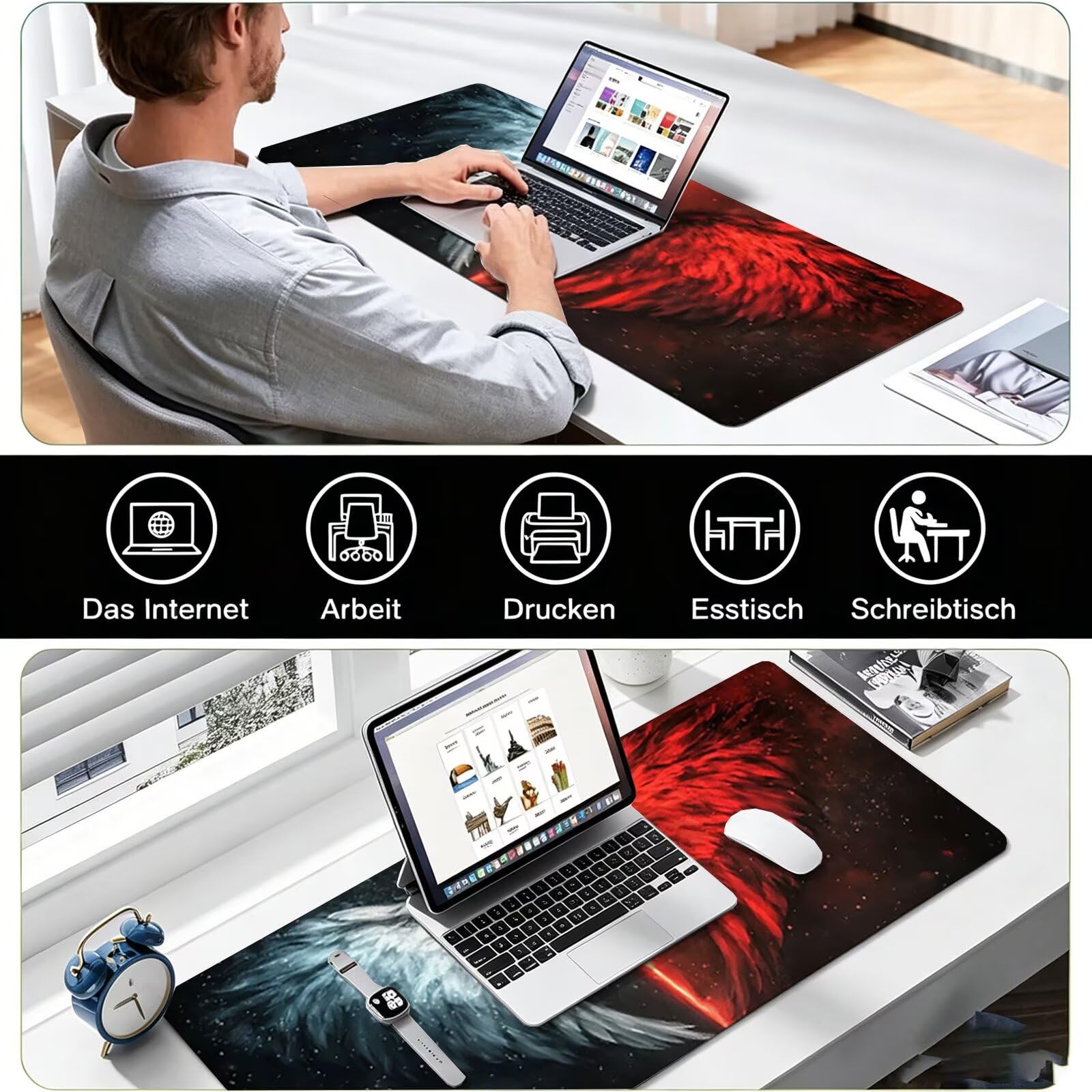 Tappetino Mouse Gaming, 1200x600mm Tappetino Mouse XXL nero 0c0-299 | Mouse Pad Grande, Ottimizzato per i Sensori da Gioco, Migliora Precisione e Velocità, per Mac e PC, ala