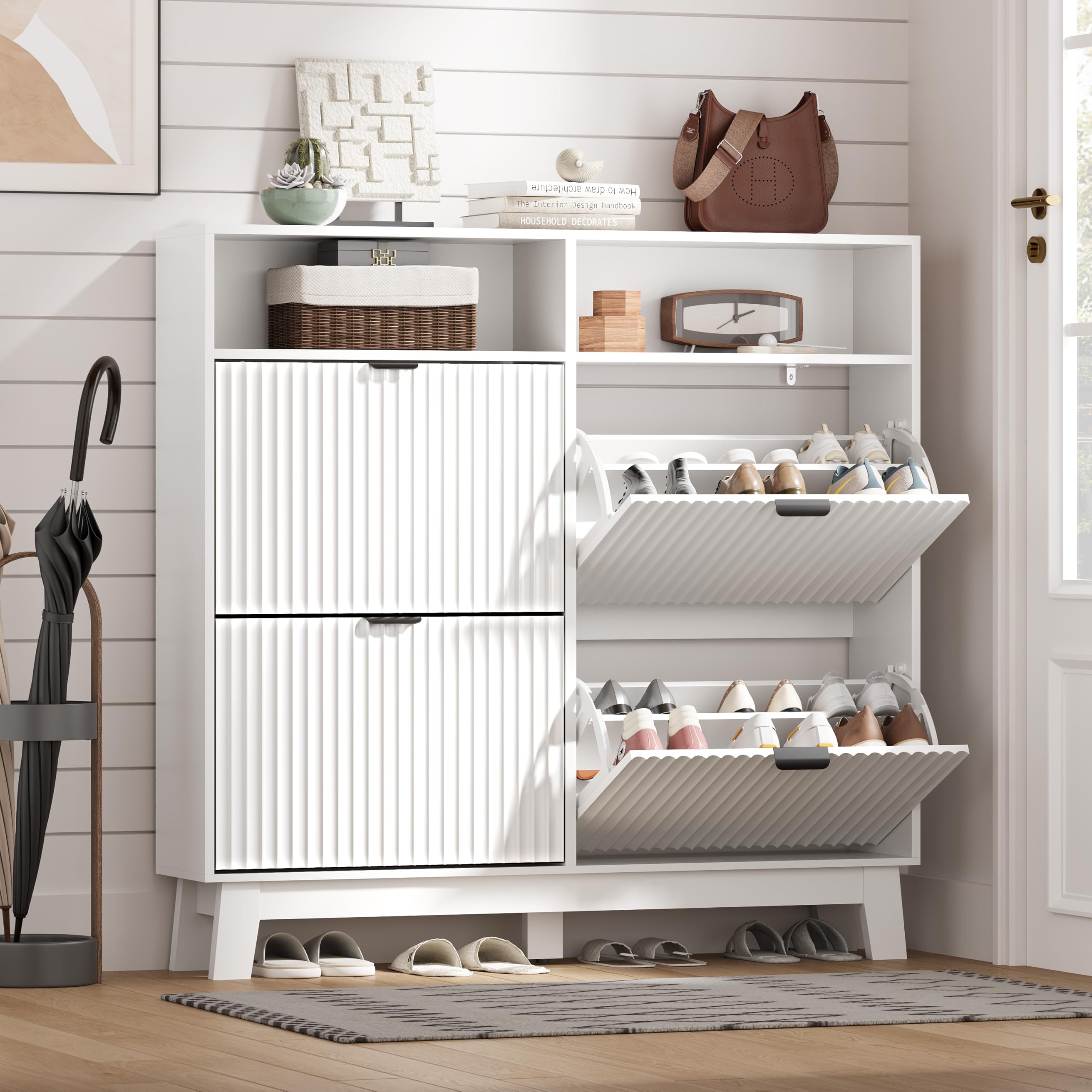 Shoe Cabinet Storage for Entryway with 4 Flip Drawers, Fluted Narrow Shoe Organizer with Wooden Legs &amp; Top Cubby, Freestanding Slim Shoe Storage Hidden Shoe Rack for Front Door Entrance, White