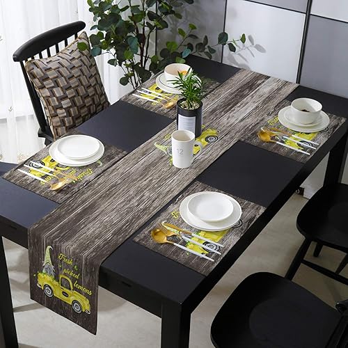 Mantel individual retro de verano con diseño de enano amarillo limón con camino de mesa a juego juego de mesa de arpillera de algodón y lino 6