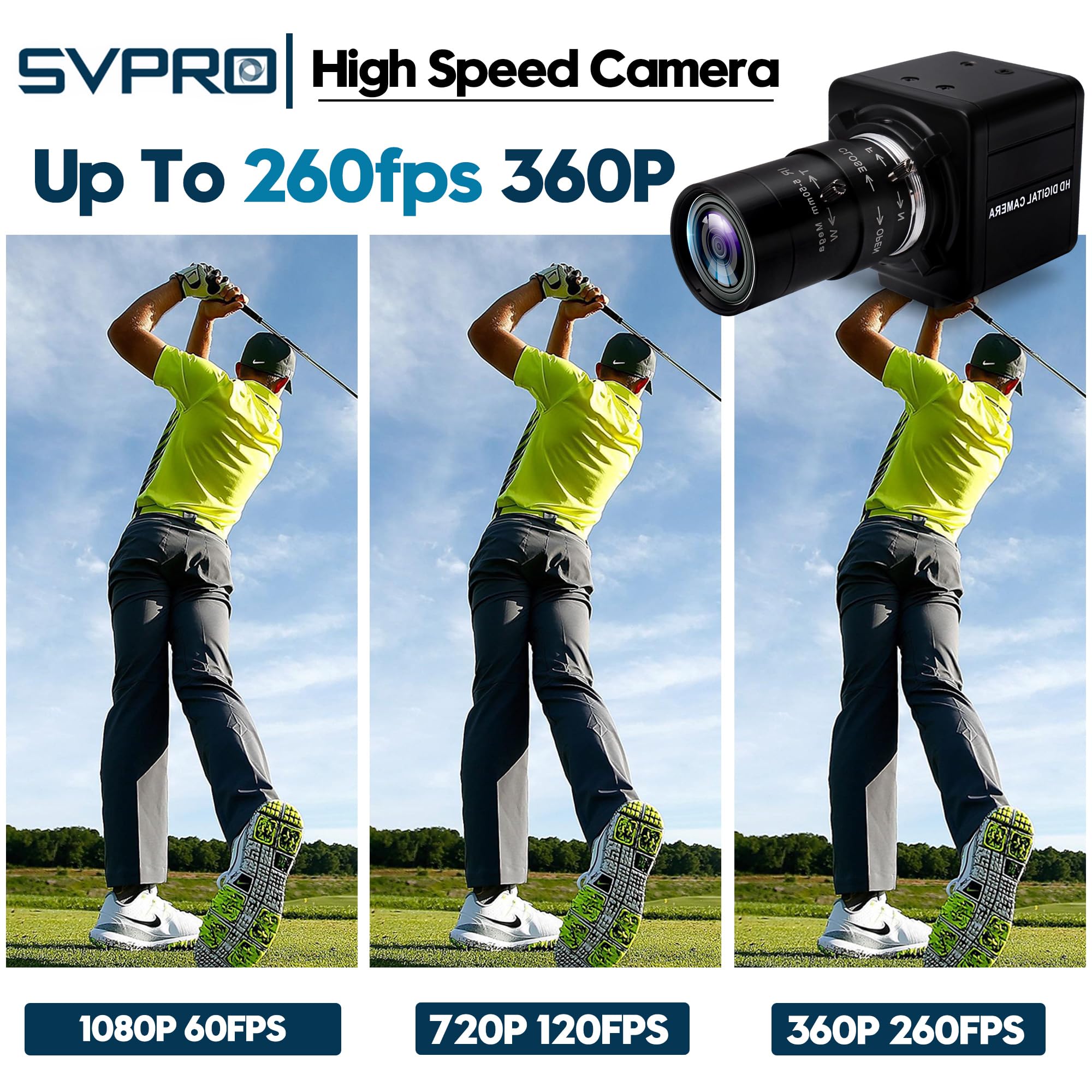 SVPRO 260fps High Speed Glof Swing-Kamera, 1080P, 60fps, Manueller Fokus, Computer-Webcam mit 5-50mm Objektiv, 10-facher Optischer Zoom, Nahaufnahmen für Windows, Linux, MacOS, Android, Raspberry Pi