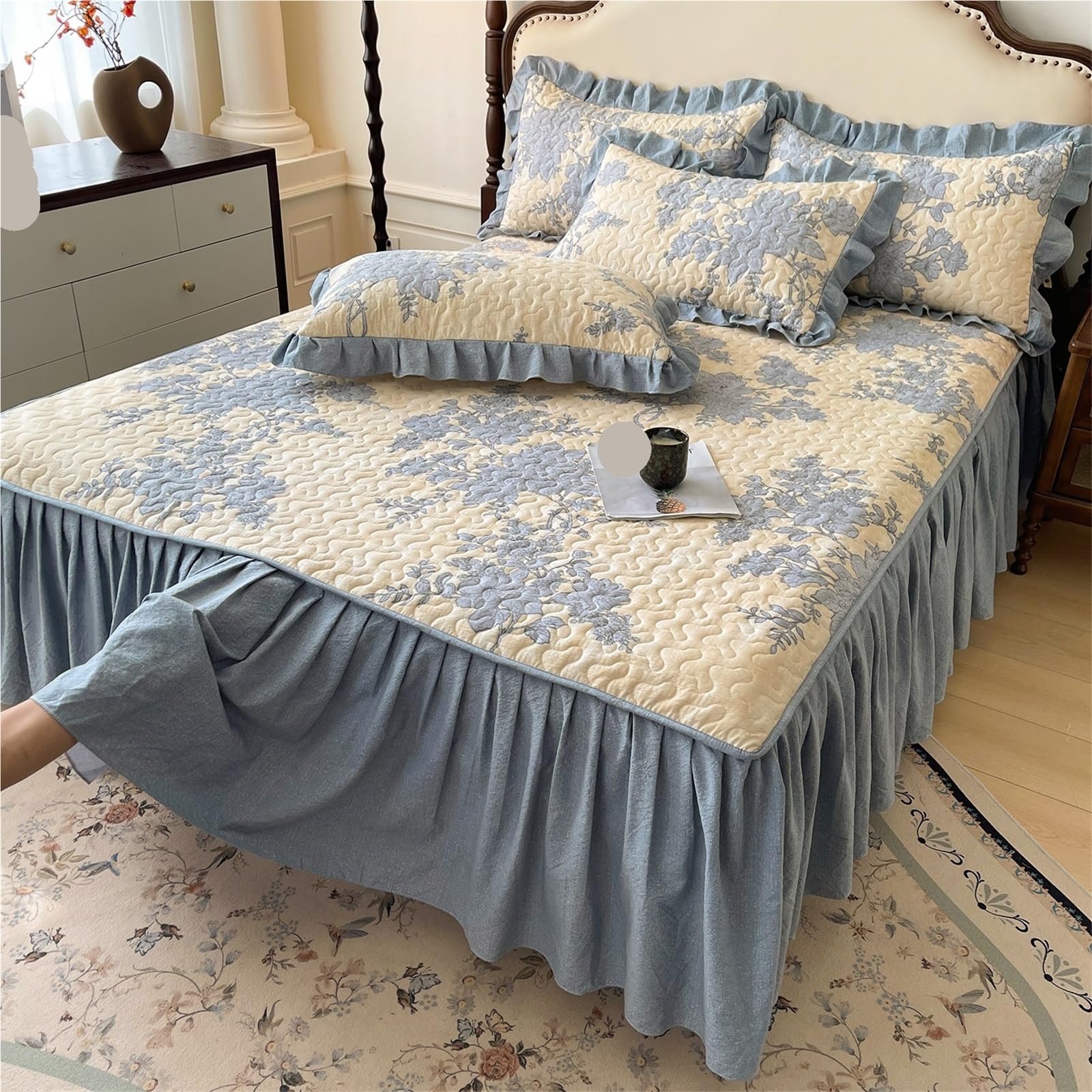 Ruffled Bedspread 1pc Soft Bed Skirt Thicken Bedspread Ruffles Cover Plant Print Linen For Home Falda De Cama (No Pillowcase)(F,Queen 150x200cm 1pc)