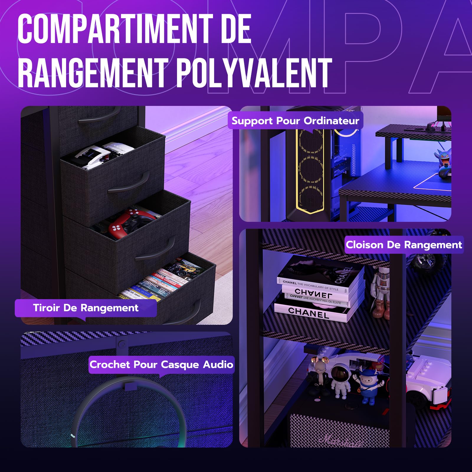 YOUDENOVA Table de Jeu avec éclairage LED et Prise, 150 x 50 cm, Bureau d'ordinateur avec tiroirs, Fibre de Carbone, Noir
