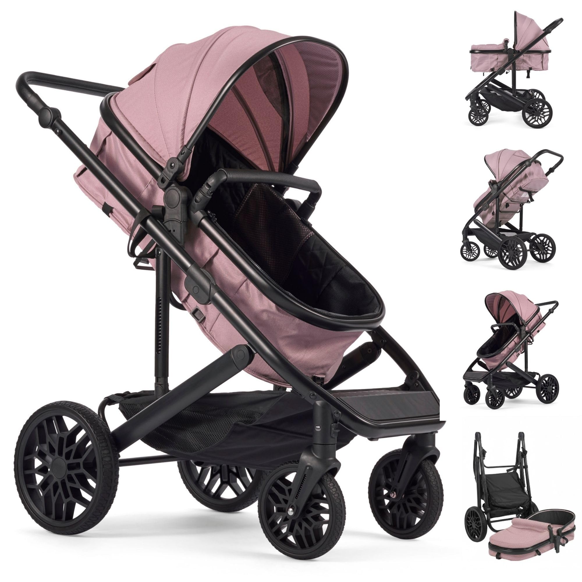 Lejoux™ Avant - Passeggino pieghevole con navicella, imbracatura a 5 punti, sedile regolabile, cestino sovradimensionato e pieghevole con una mano, ruote girevoli e parapioggia inclusi, colore: rosa