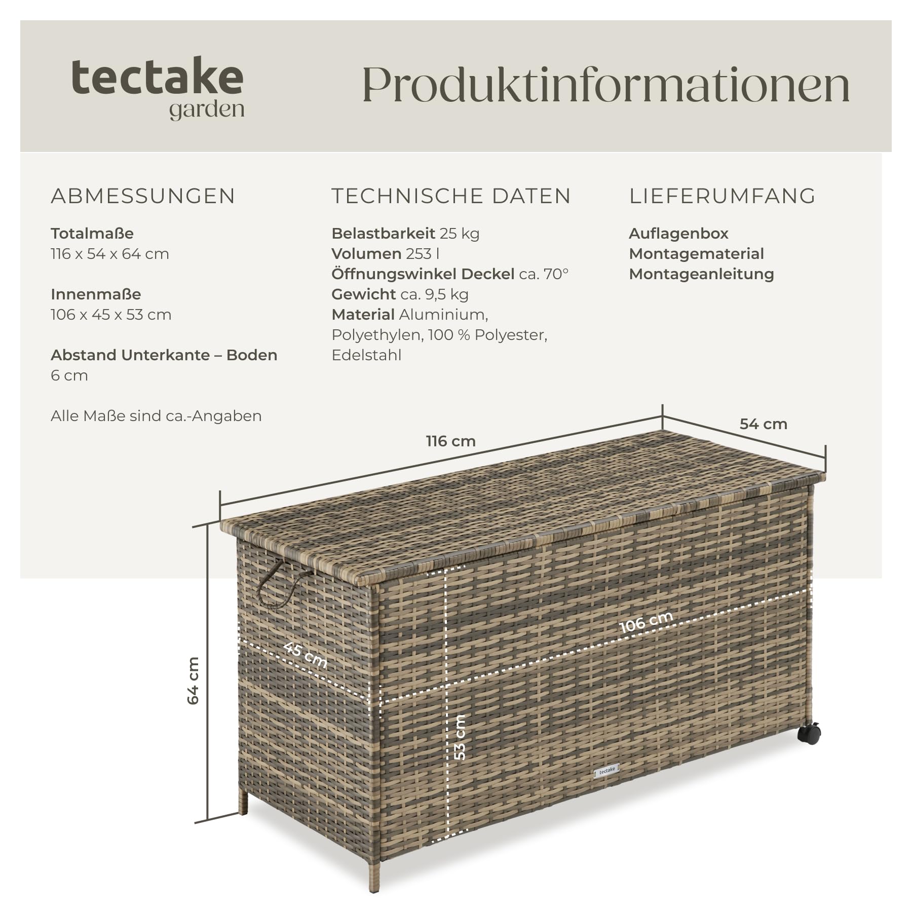 tectake® Auflagenbox 253 l, 116 x 54 x 64 cm, 2 drehbare Rollen mit Feststellbremse, Polyrattan mit Aluminiumrahmen, Polsterbox, Kissenbox für Gartenpolster Aufbewahrung, Aufbewahrungsbox - natur