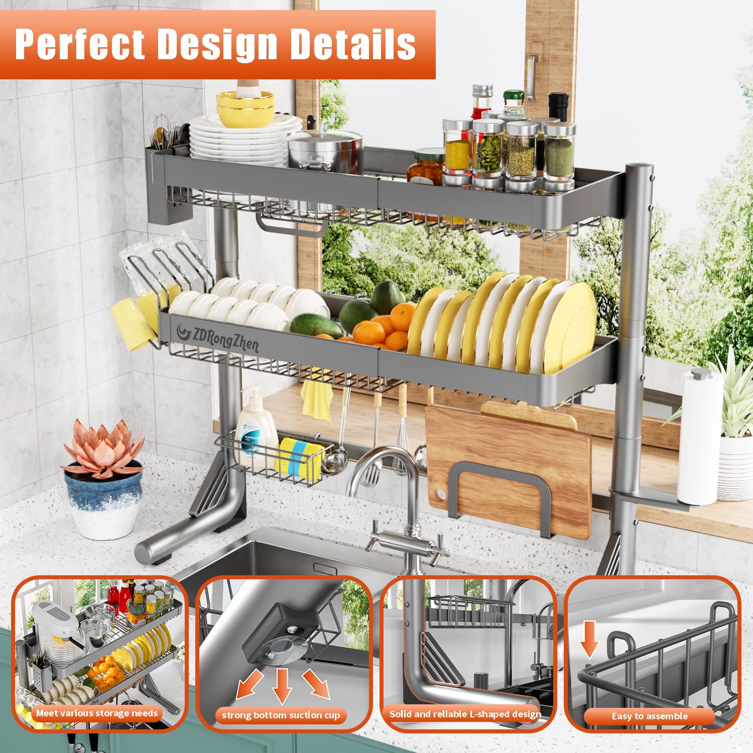 ZDRongZhen - Escurridor de platos sobre el fregadero, 3 niveles, acero inoxidable 304, longitud ajustable (22.8 a 35.04 pulgadas), mostrador de almacenamiento de cocina con juego para colgar tazas y