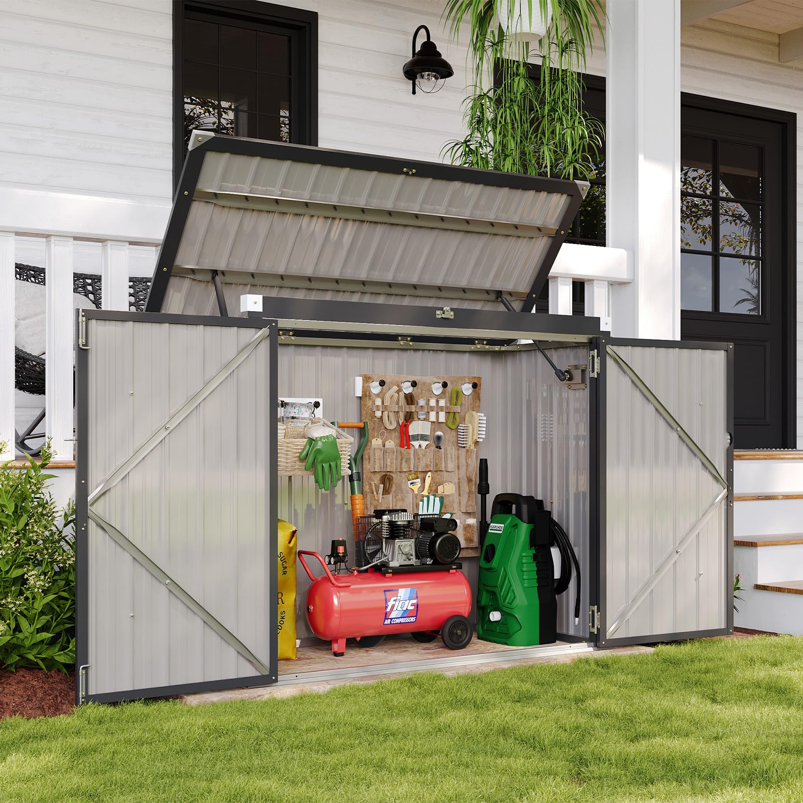 Aoxun 150x117x80 Metall Gerätehaus, Mülltonnenbox für 2 Tonnen, Wetterfester Gartenschrank mit Kettenzug-Deckel & Gasdruckfeder, zu öffnende Front- & Top-Türen, Schwarz