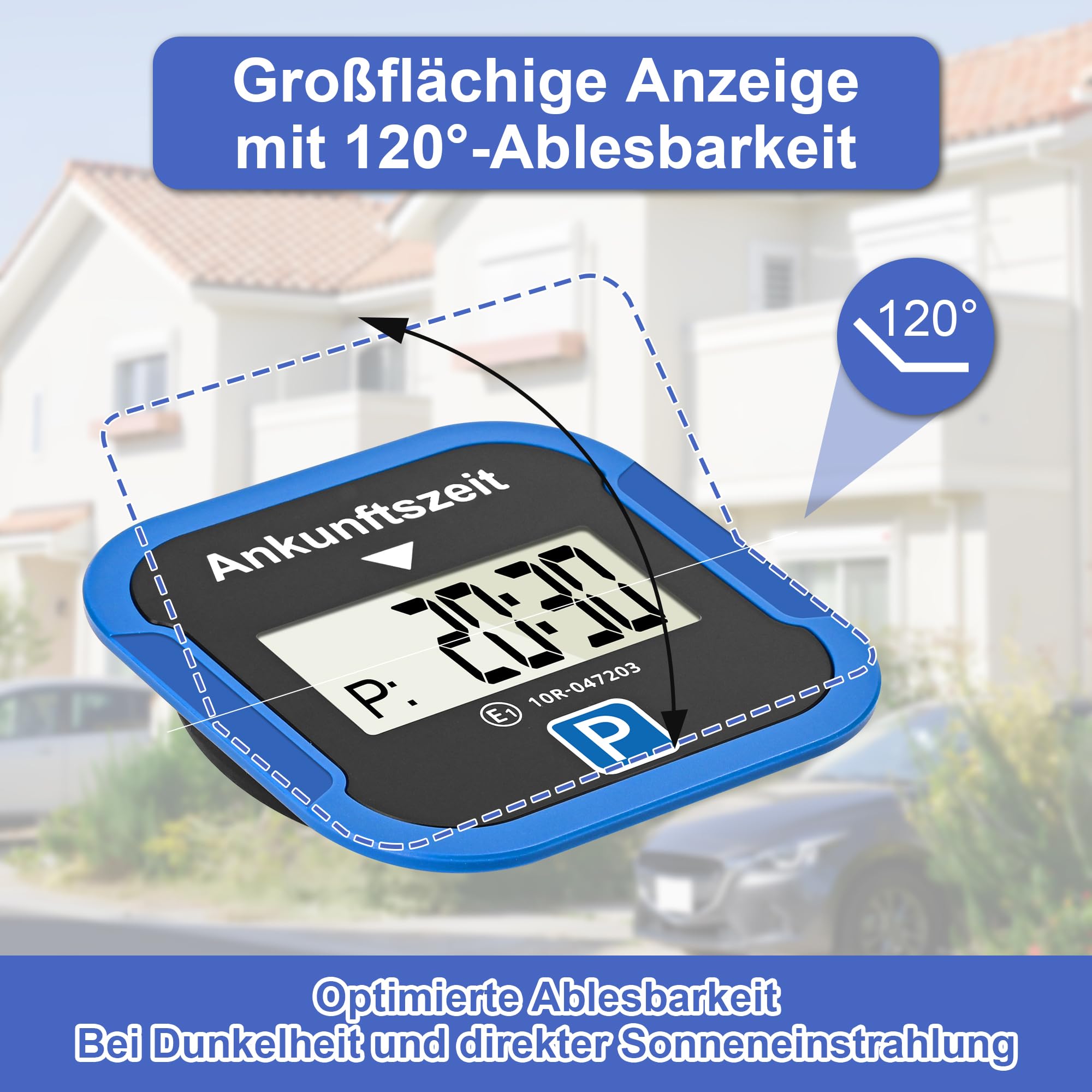 TEOV Elektronische Parkscheibe mit Zulassung KBA fürs Auto - Digitale Parkuhr mit Nachtmodus und Taktungseinstellung, Großer Bildschirm, präzise Zeitmessung, Rund. Blau Schwarz