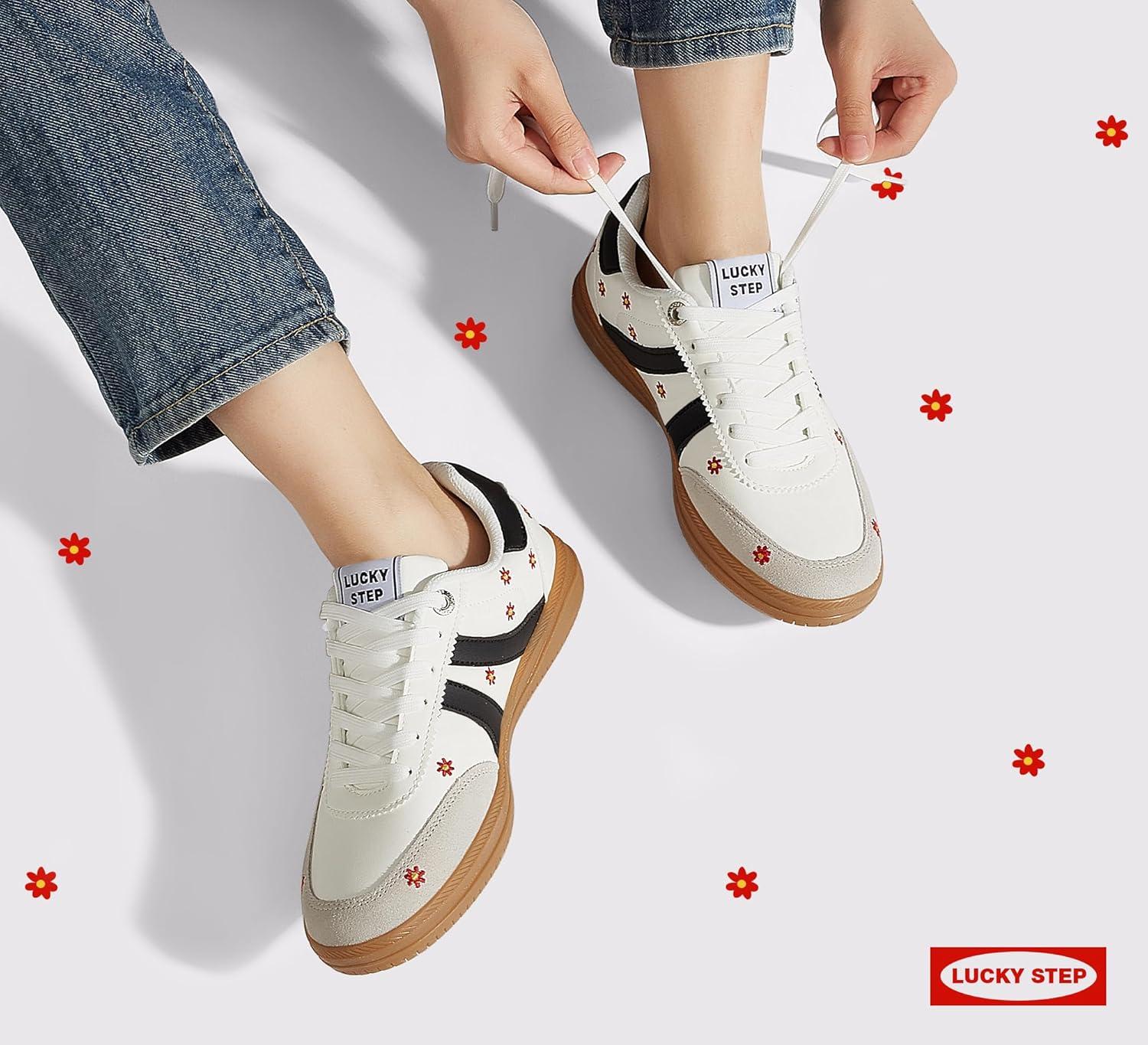 LUCKY STEP Women Classic Retro Tennis Sneakers Fashion Gum Sole Skate Casual Walking Shoe Anti Slip Floral Embroidery Comfortable Trainers - Image 2