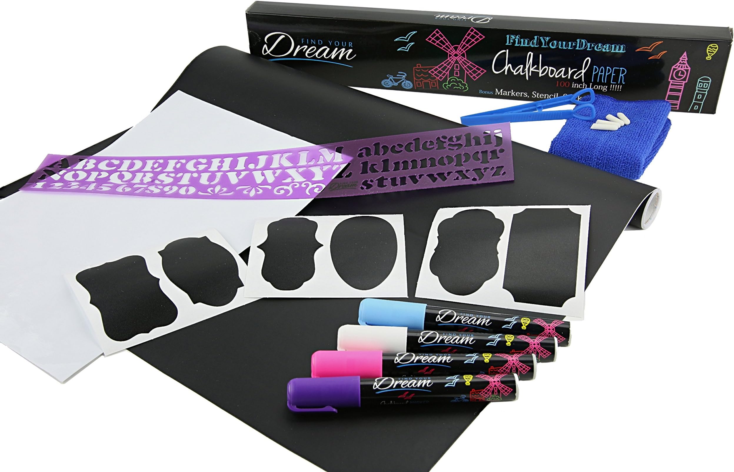 Chalkboard Contact Paper - 100 inch Long Adhesive Vinyl with 4 Chalk Markers, 40 Stickers, Letter Stencil, Extra Reversible Tips, Wipe Cloth and a White A4 Contact Paper, All Included in The Box