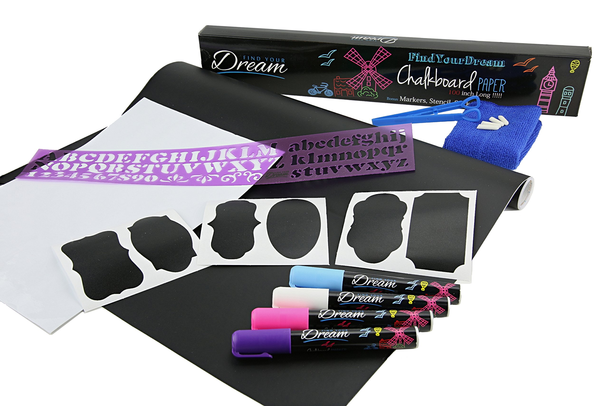 Chalkboard Contact Paper - 100 inch Long Adhesive Vinyl with 4 Chalk Markers, 40 Stickers, Letter Stencil, Extra Reversible Tips, Wipe Cloth and a White A4 Contact Paper, All Included in The Box