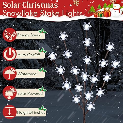 Miniatura 2 de Meonum Paquete de 6 luces solares de copo de nieve para camino, 8 modos, 120 LED, estacas solares de Navidad para patio, exteriores, impermeables,
