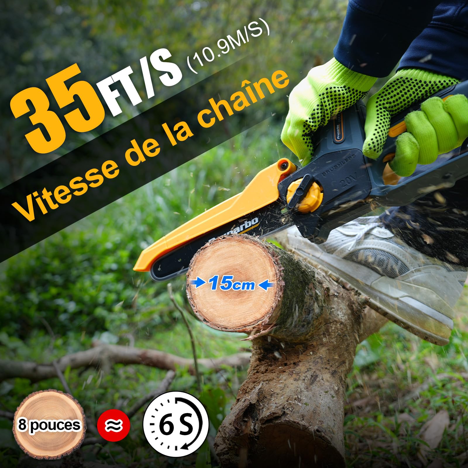 Mini Tronçonneuse 8" Sans Fil avec 2 Batteries 4Ah | Coupe Sans Effort, Lubrification Automatique, Compatible Perche Télescopique, Arbres Fruitiers, Entretien du Jardin