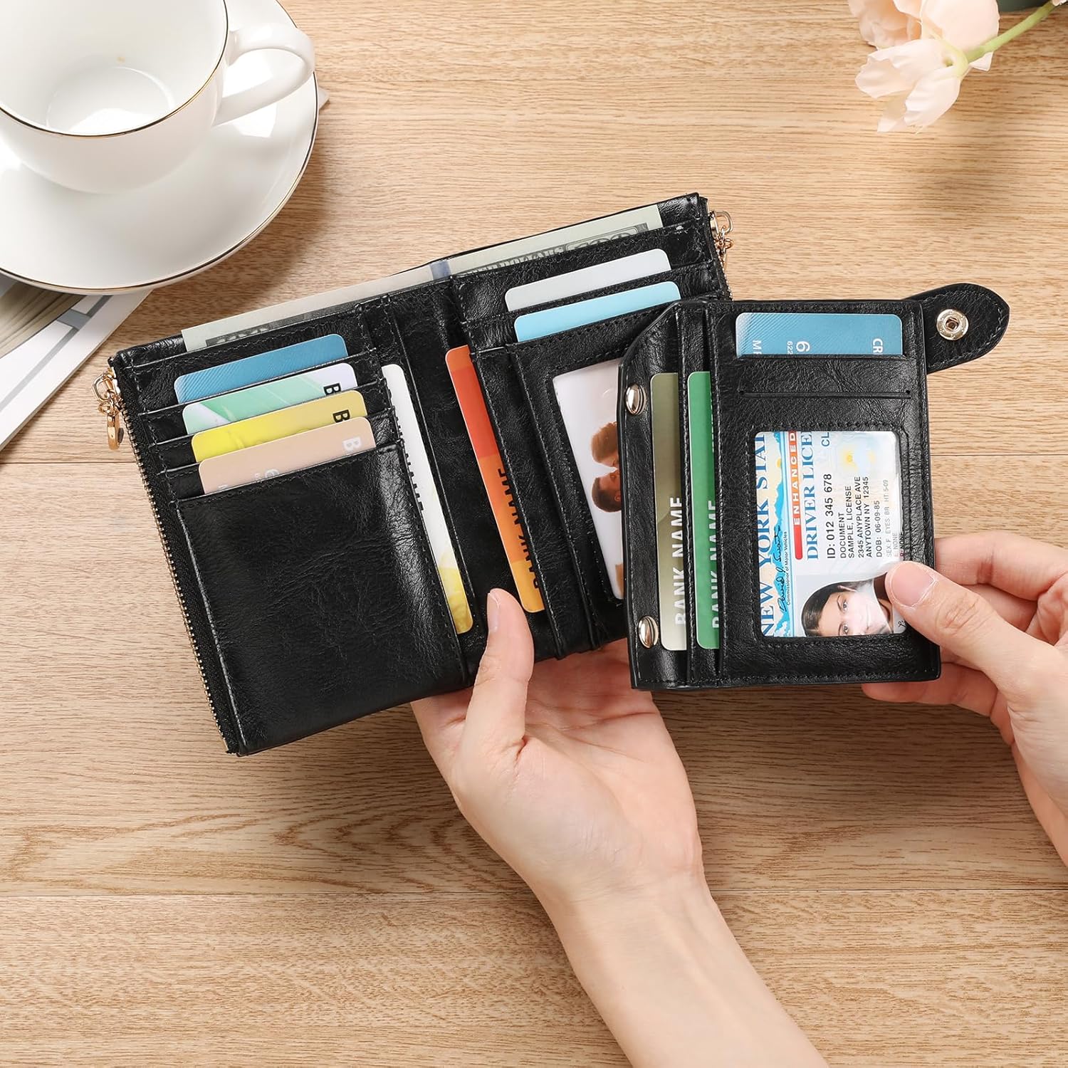 GAEKEAO Small Wallets for Women Leather RFID Blocking Bifold Double Zipper Pockets Wallet Card Case Purse with 2 ID Windows - Image 6