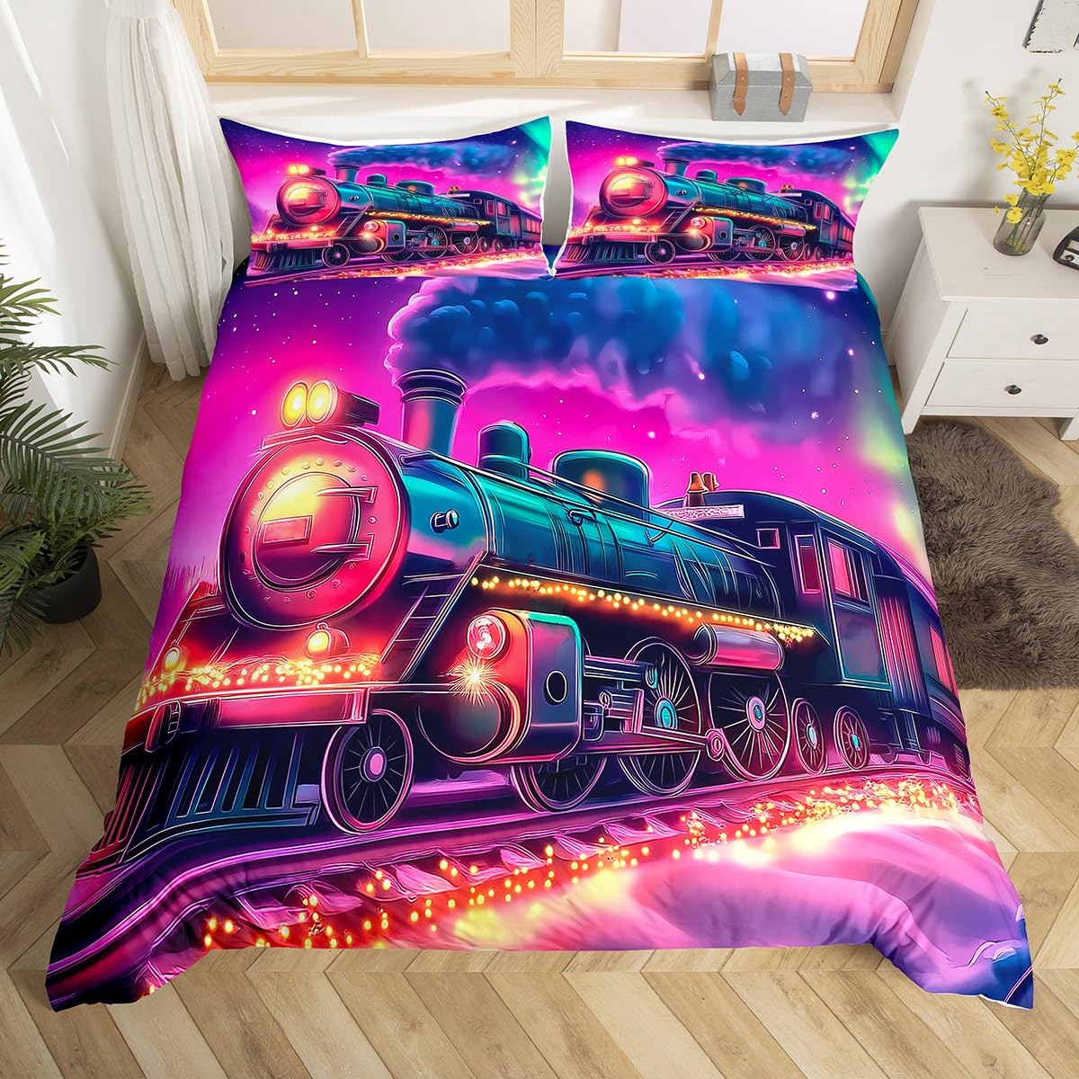 Homewish Steam Train Duvet Cover Double,Aurora Northern Lights Bedding Set for Kids Boys Girls,Transportation Vehicle Bed Set Railroad Trains Duvet Cover 3Pcs Bedroom Decor (No Comforter)