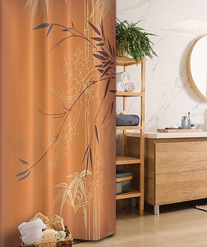 Miniatura 138 de Ambesonne Cortina de ducha hawaiana, diseño de hibisco hawaiano tropical, silueta de niña, tabla de surf, impresión de arte retro, juego de Fucsia