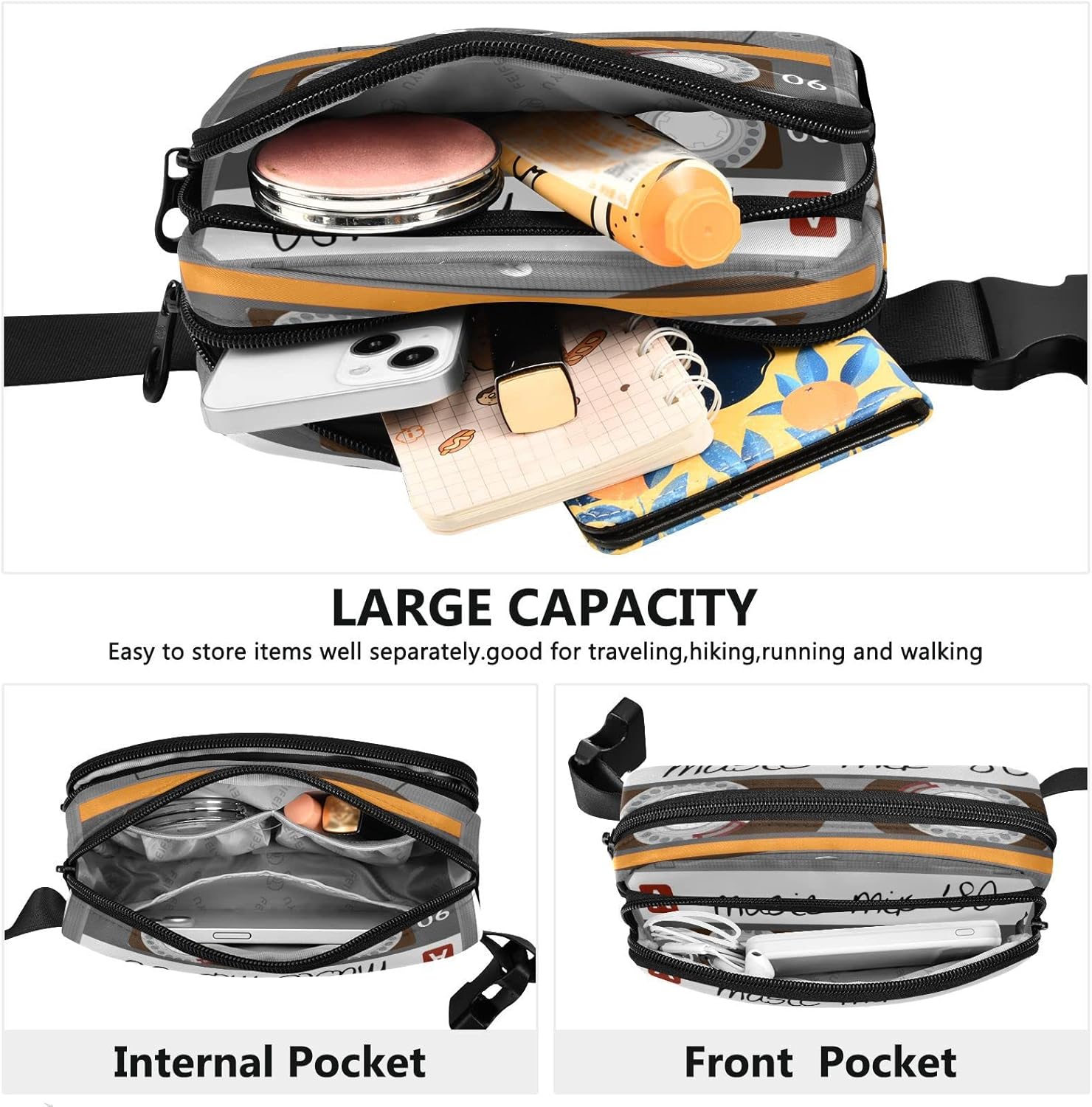 Exnundod Unique Music Mix 80s Tape Fanny Waist Pack for Women Men, Retro Cassette Crossbody Pack with Adjustable Strap Belt Bag Hip Bum Bag for Running - Image 3