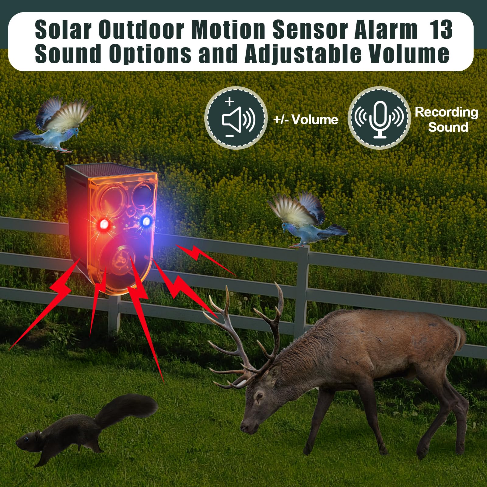 Qualirey Paquete de 2 alarmas solares con sensor de movimiento para exteriores, alarma ultrasónica disuasoria de animales, 13 sonidos, 130 dB, fabricante de ruido fuerte con control remoto USB, 4