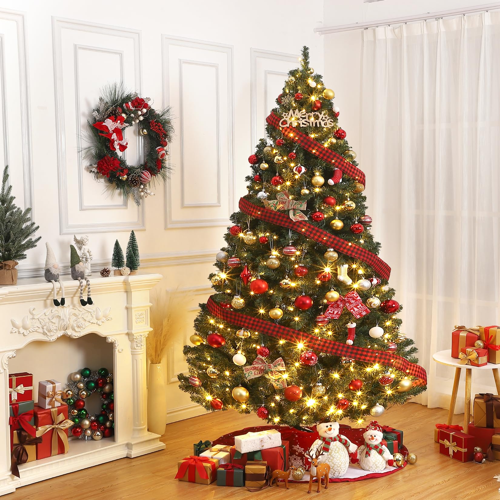 Garvee 180 cm Weihnachtsbaum Künstlich mit 250 Beleuchtung, Künstlicher Weihnachtsbaum, PVC Tannenbaum mit 758 grünen Spitzen Ø 114 cm Kunstbaum Weihnachten mit Metallständer& Klapp-Schirmsystem