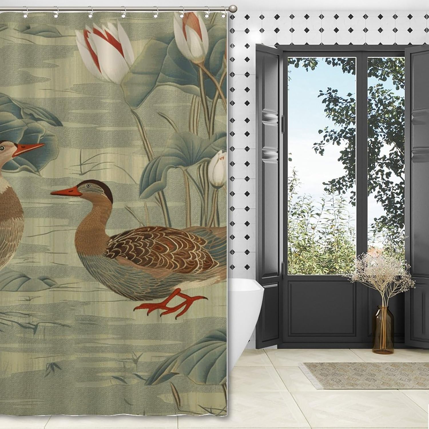 Bantam Duck Lotus Garden Shower Curtain Set with Hooks Chinoiserie Style Shower Curtain Asian Inspired Shower Curtains Bathroom Decor Polyester Fabric Shower Curtains with Holes