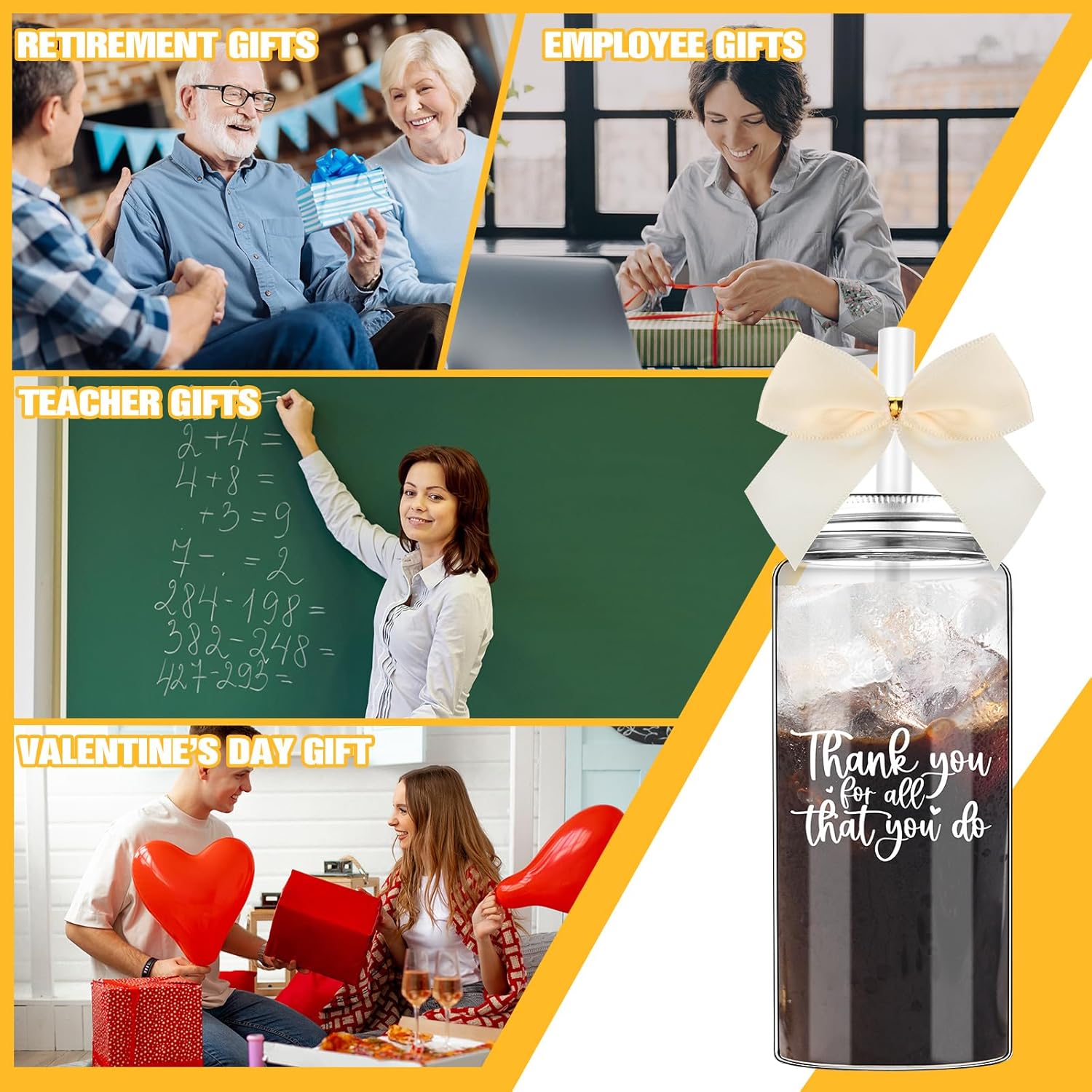 Skylety 24 Pack Valentine Employee Appreciation Gifts Bulk Thank You for All That You Do Gifts for Women Employee Appreciation Cups with Straw Lid Cream Bow 13.5 oz Plastic Tumbler for Coworker Staff - Image 4