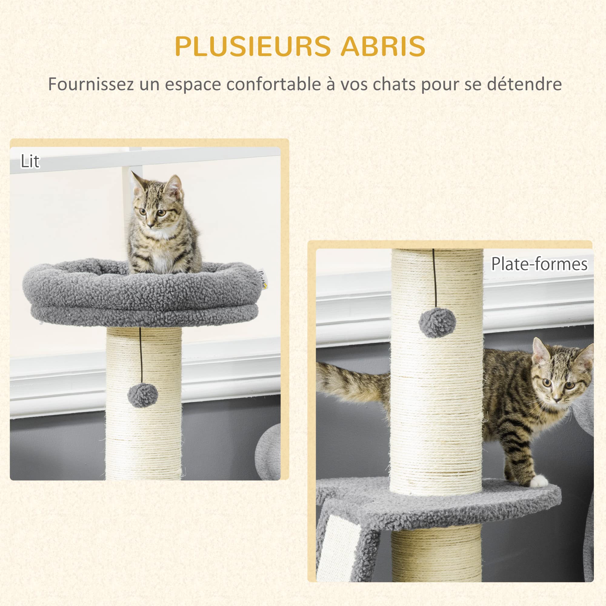 PawHut Arbre à Chat avec griffoir Tronc en sisal Boules suspendues et Plate-Forme d'observation Hauteur 92 cm - Gris