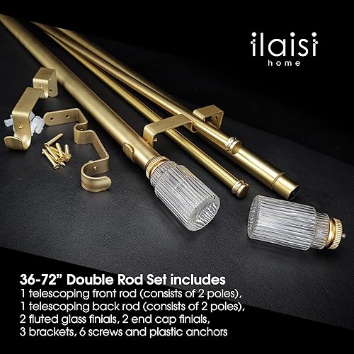 Miniatura 10 de ILAISIHOME Barras de cortina doradas de 1-18 pulgadas de diámetro con remate de vidrio acanalado, barras de cortina dobles telescópicas de 72-144