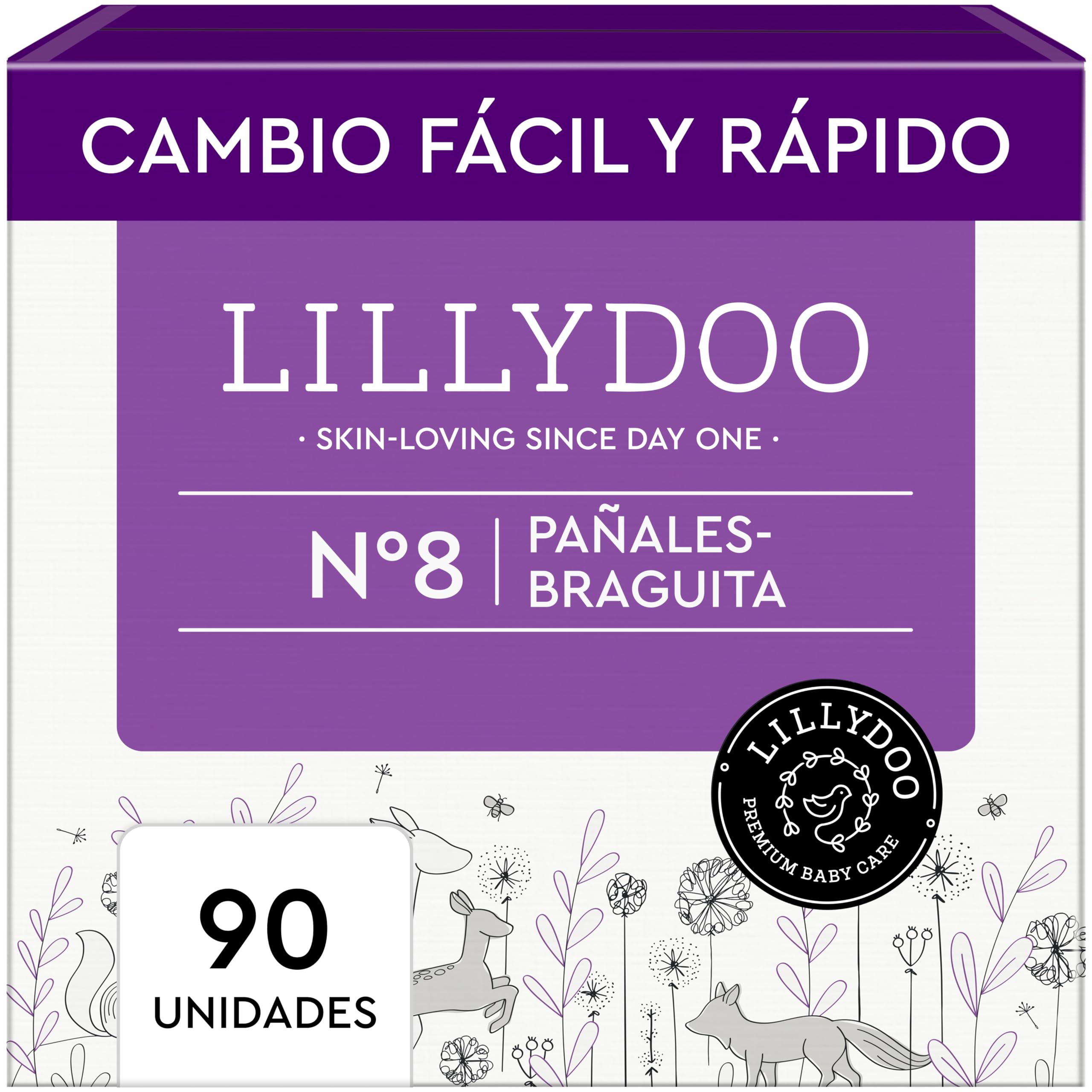 Pañales-braguita LILLYDOO - talla 8 (17+ kg), caja mensual (90 unidades), protección contra fugas, delicados con la piel, suaves, sin perfumes ni lociones, dermatológicamente testados