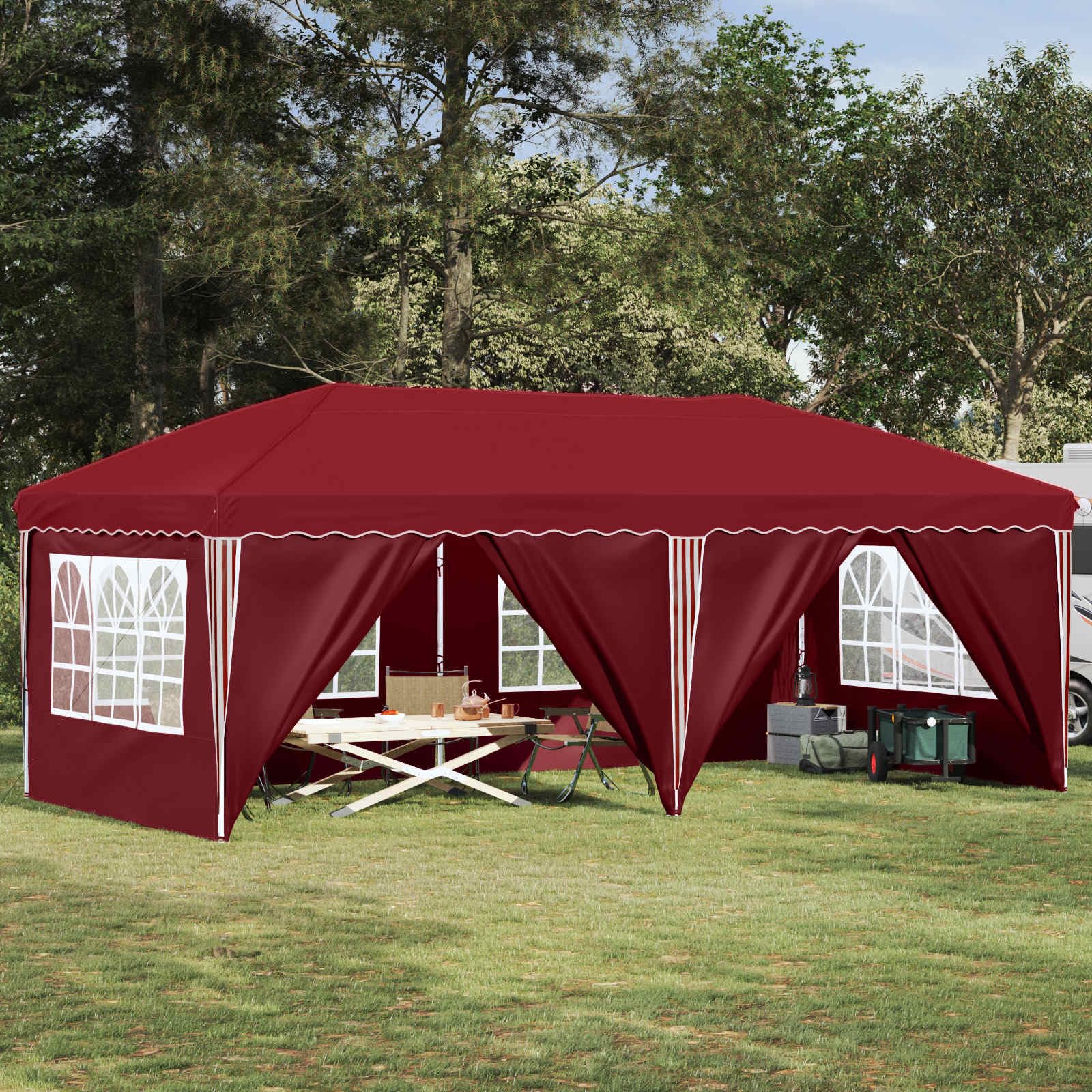 Pop-up namiot imprezowy bordowy o wymiarach 575 x 288 x 245 cm, składany namiot ogrodowy z 6 ściankami bocznymi, odporny na warunki atmosferyczne i promieniowanie UV, malowana proszkowo