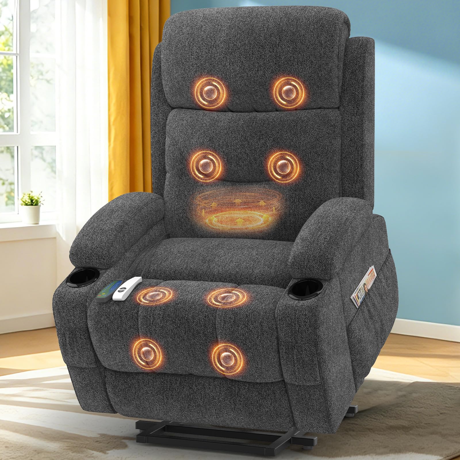Srfzluxy Fernsehsessel Massagesessel mit Liegefunktion, Relaxsessel mit Wärme und Massage, 360°Drehbarer TV Sessel Wohnzimmer, Schaukelstuhl mit Gepolsterte Kopfstütze, 2 Seitentaschen