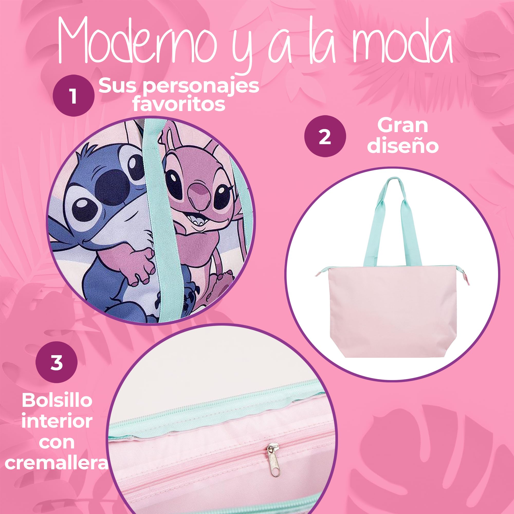 Bolso Stitch & Angel Niña – Bolsa Grande con Cremallera – Ligera y Espaciosa – Para Colegio, Piscina, Playa y Viajes