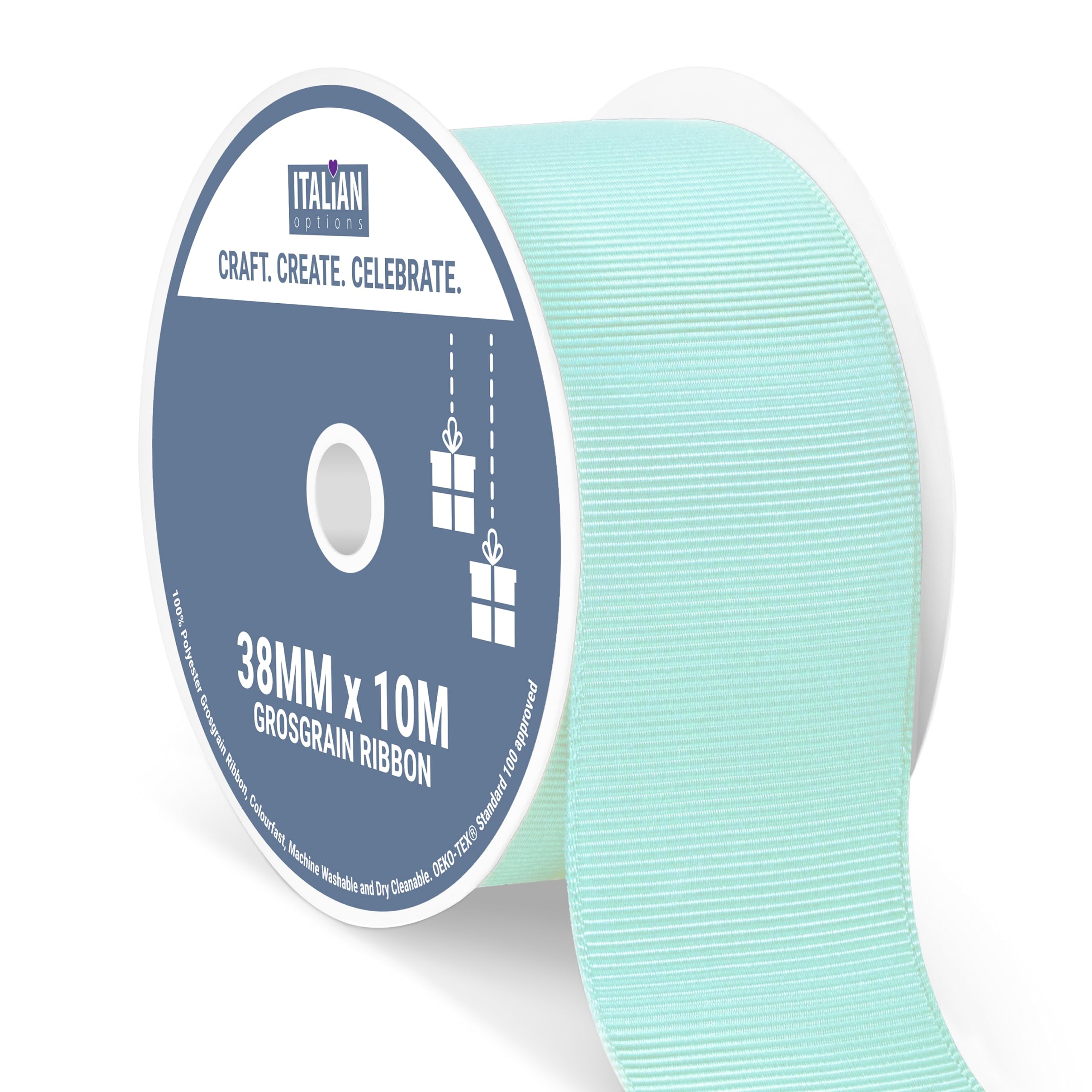 Italian Options Grosgrain Ribbon 38mm, Strong Plain Duck Egg Blue Ribbon for Bows, Wedding, Crafting, Sewing, Hair Accessories, Gift Wrap, 38 mm x 10 Metre Roll, Duck Egg
